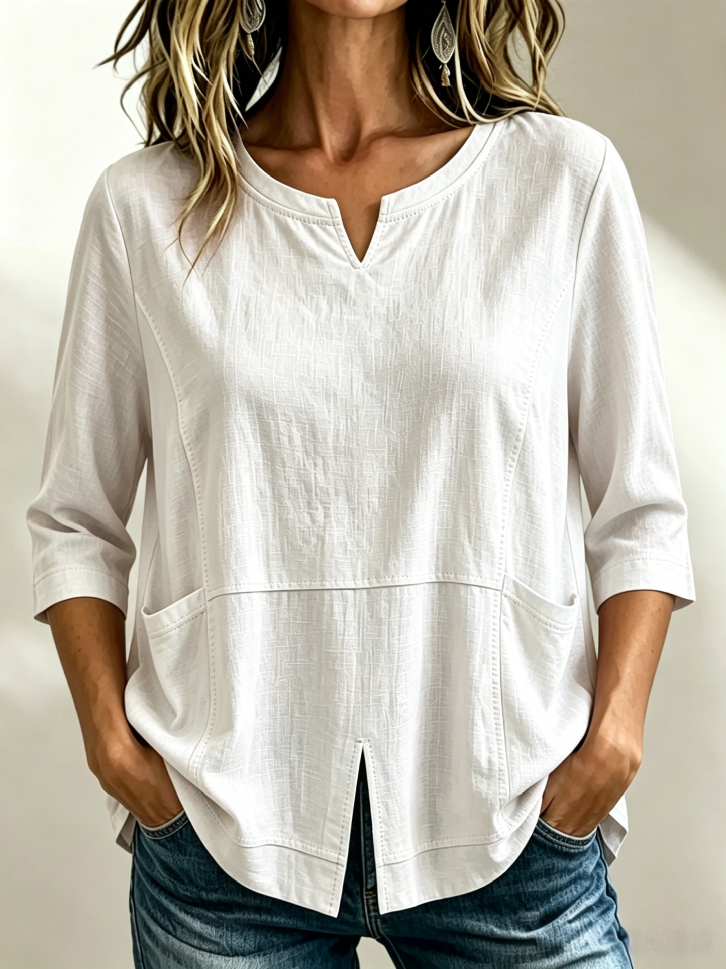 🔥CLEARANCE SALE🔥Women's Textured Cotton-Linen V-Neck Top