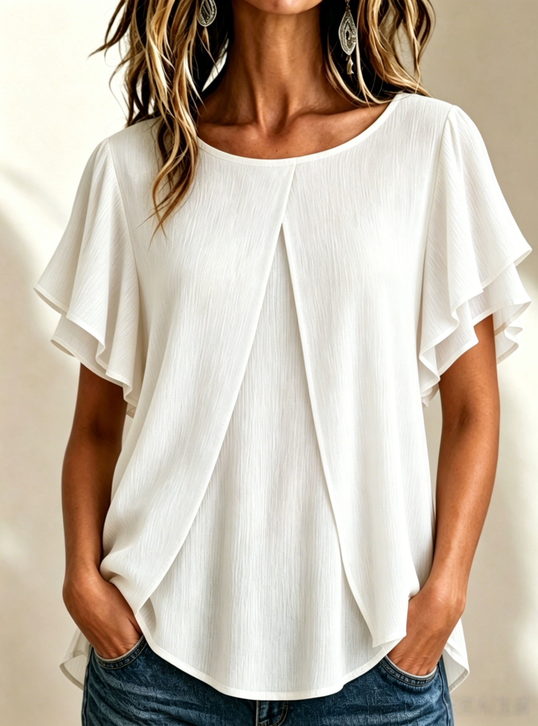 🔥CLEARANCE SALE🔥Women's Textured Pleated Double-Gauze Top with Round Neck and Flutter Sleeves