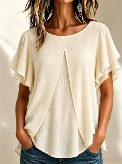 🔥CLEARANCE SALE🔥Women's Textured Pleated Double-Gauze Top with Round Neck and Flutter Sleeves