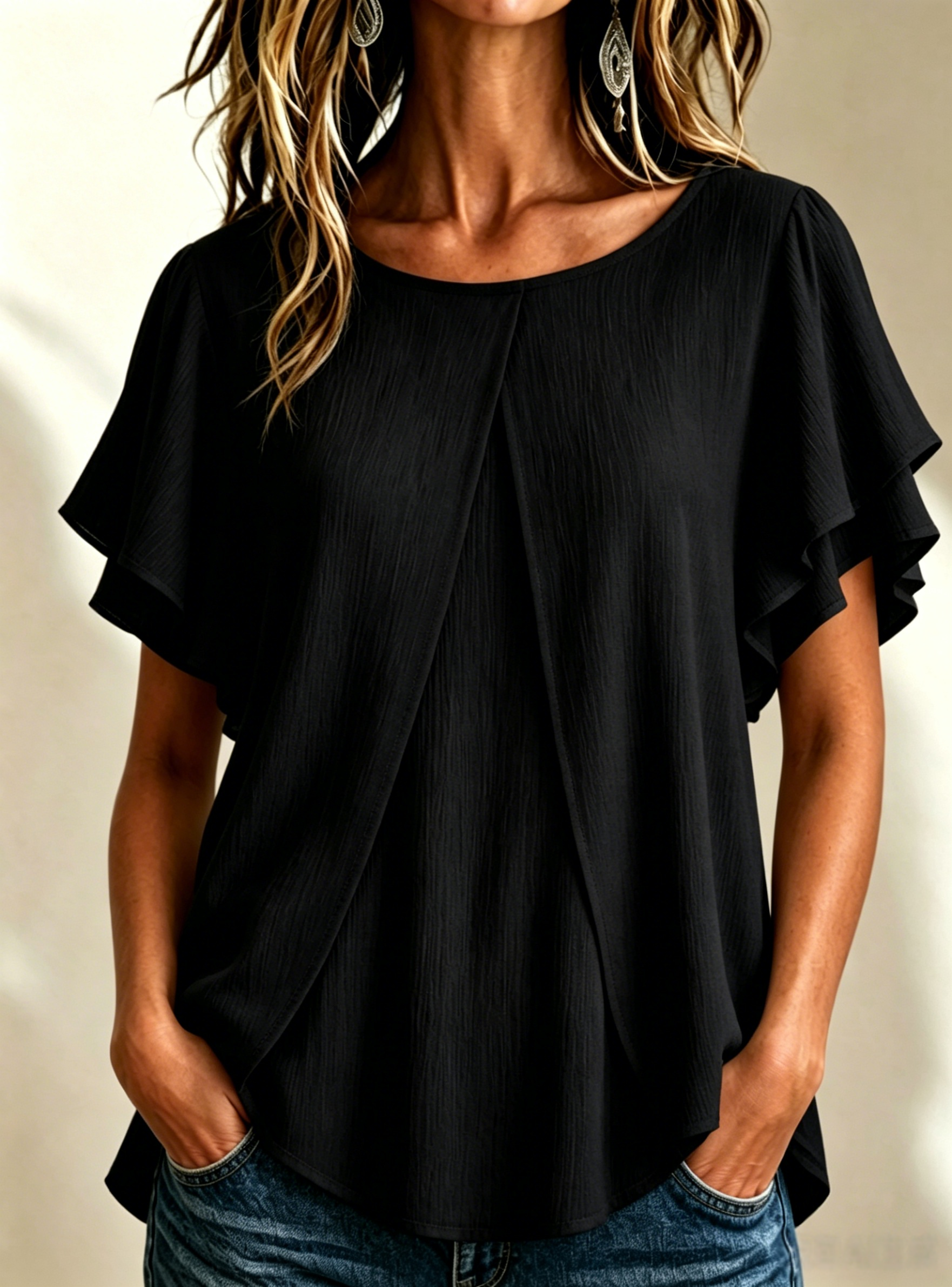 🔥CLEARANCE SALE🔥Women's Textured Pleated Double-Gauze Top with Round Neck and Flutter Sleeves