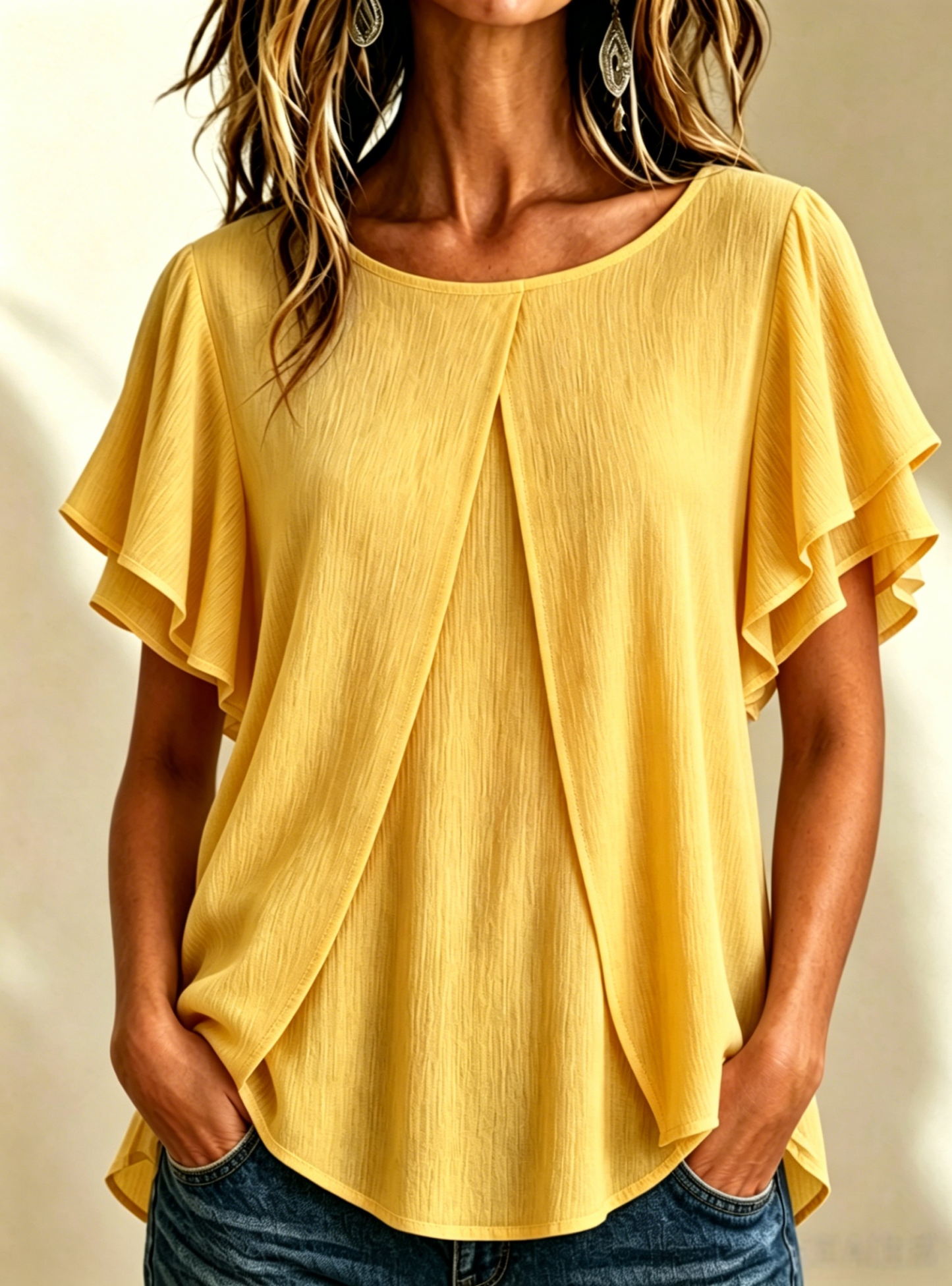 🔥CLEARANCE SALE🔥Women's Textured Pleated Double-Gauze Top with Round Neck and Flutter Sleeves