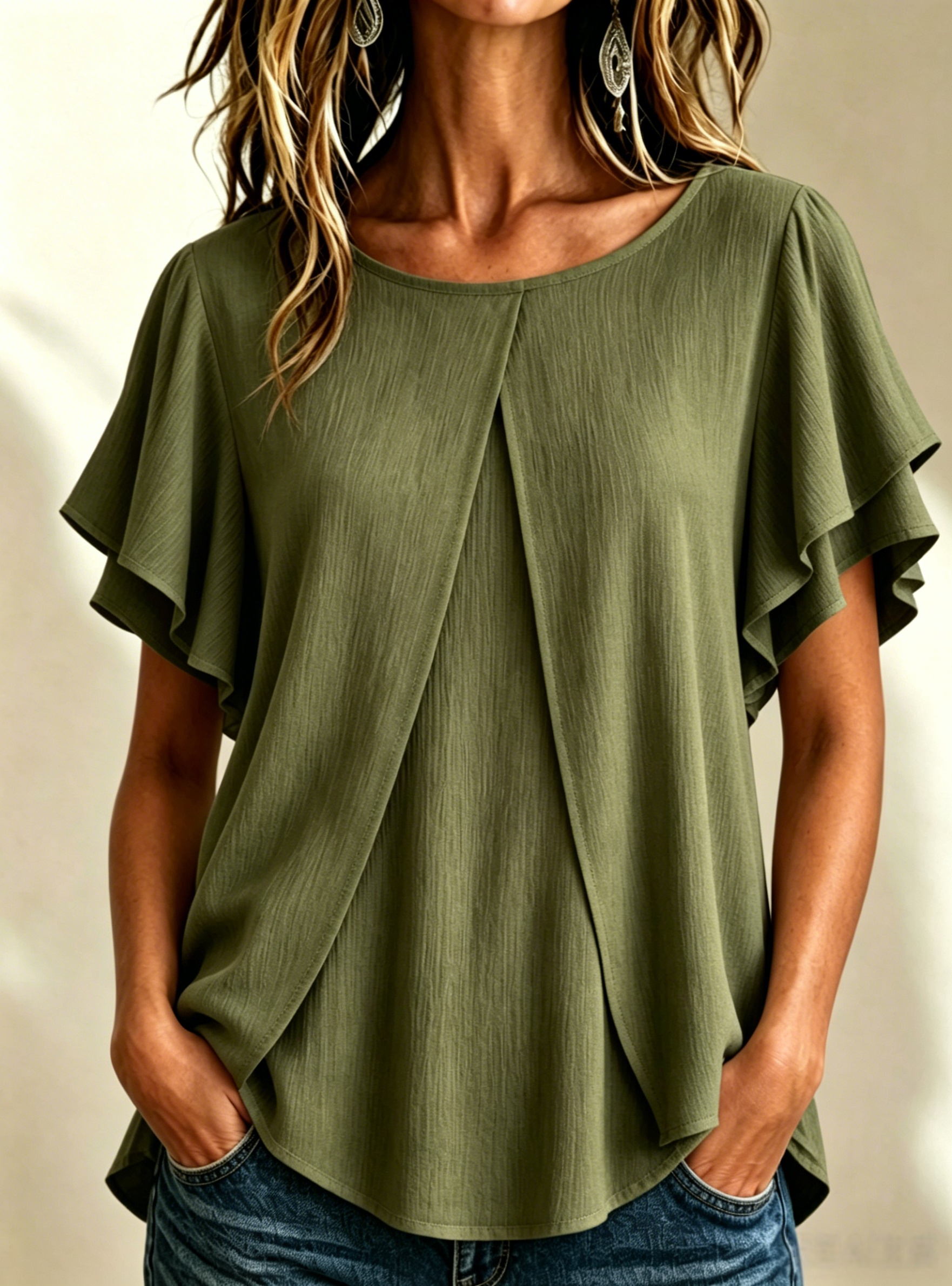 🔥CLEARANCE SALE🔥Women's Textured Pleated Double-Gauze Top with Round Neck and Flutter Sleeves