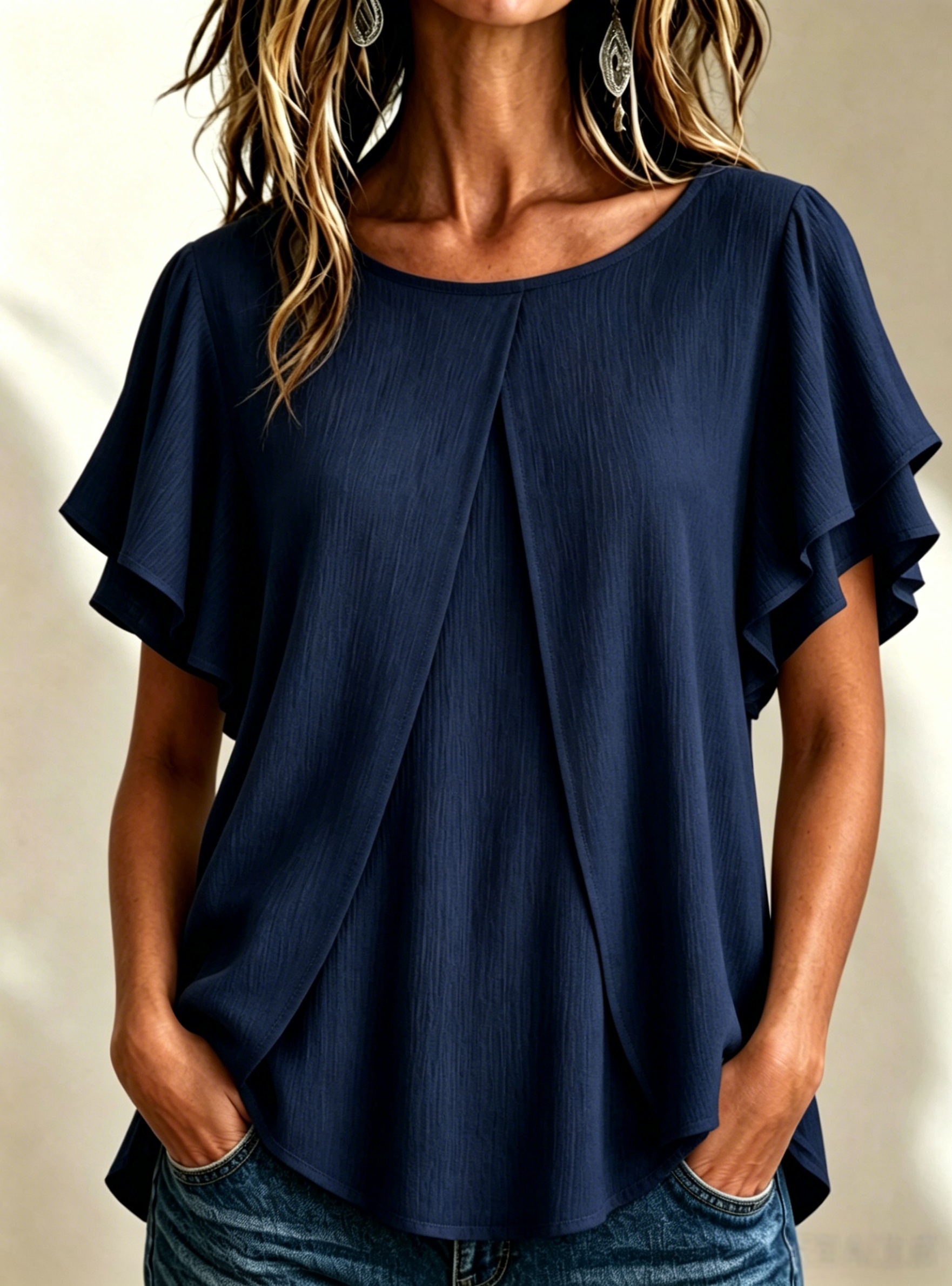 🔥CLEARANCE SALE🔥Women's Textured Pleated Double-Gauze Top with Round Neck and Flutter Sleeves