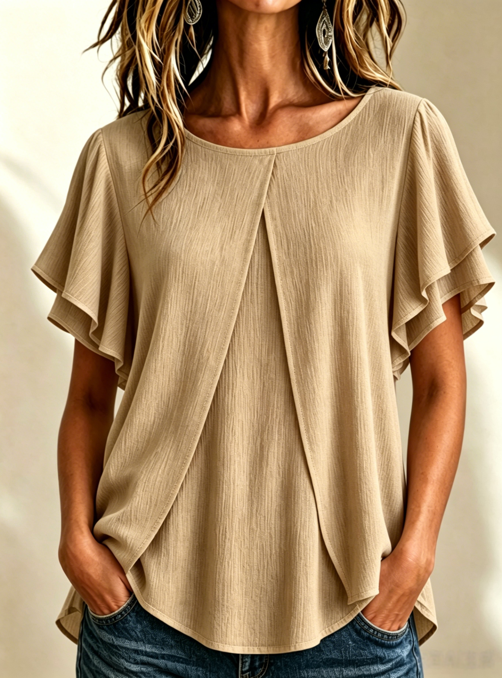 🔥CLEARANCE SALE🔥Women's Textured Pleated Double-Gauze Top with Round Neck and Flutter Sleeves