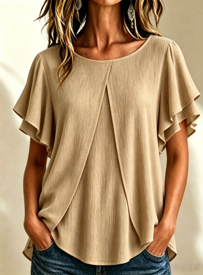 🔥CLEARANCE SALE🔥Women's Textured Pleated Double-Gauze Top with Round Neck and Flutter Sleeves