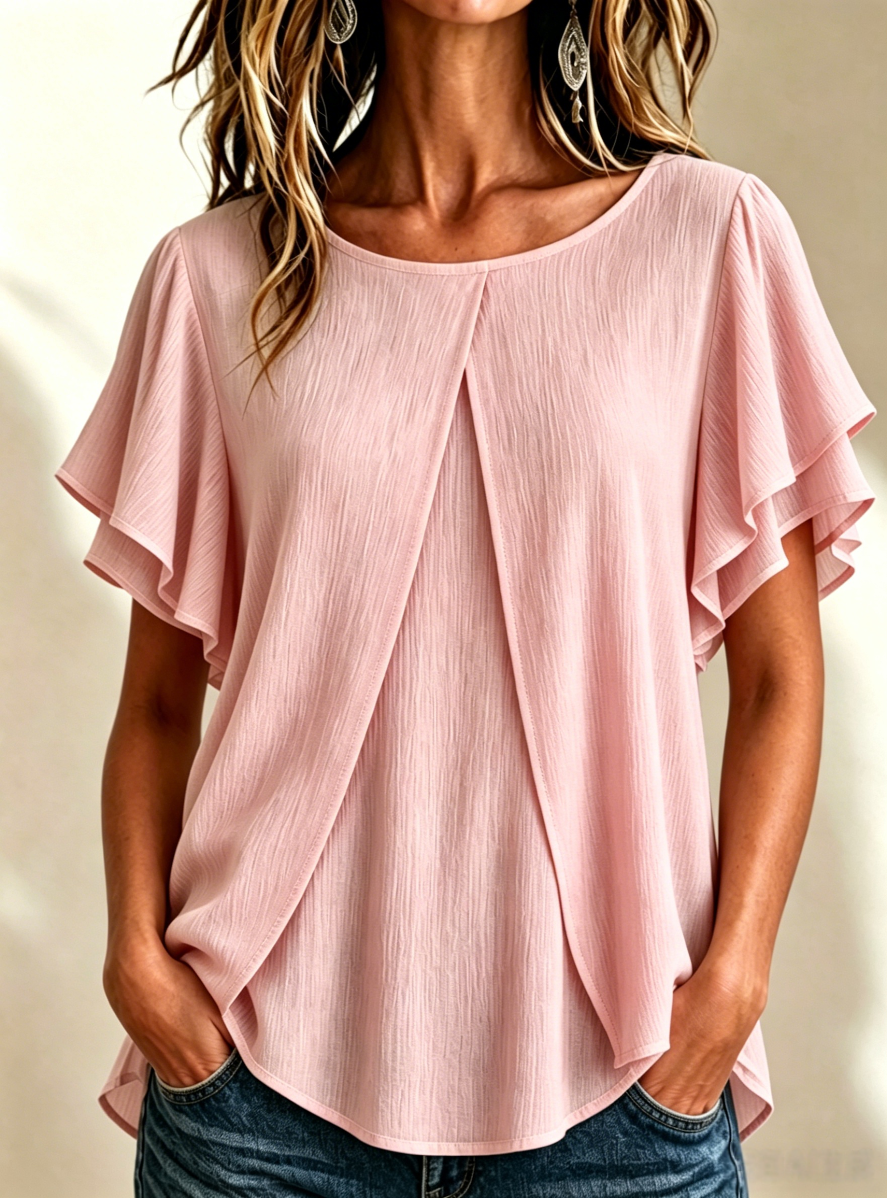 🔥CLEARANCE SALE🔥Women's Textured Pleated Double-Gauze Top with Round Neck and Flutter Sleeves