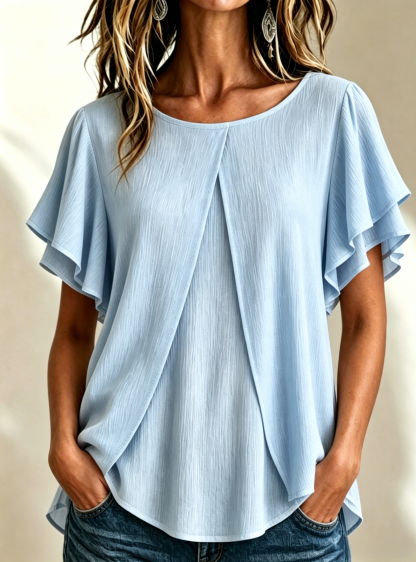 🔥CLEARANCE SALE🔥Women's Textured Pleated Double-Gauze Top with Round Neck and Flutter Sleeves