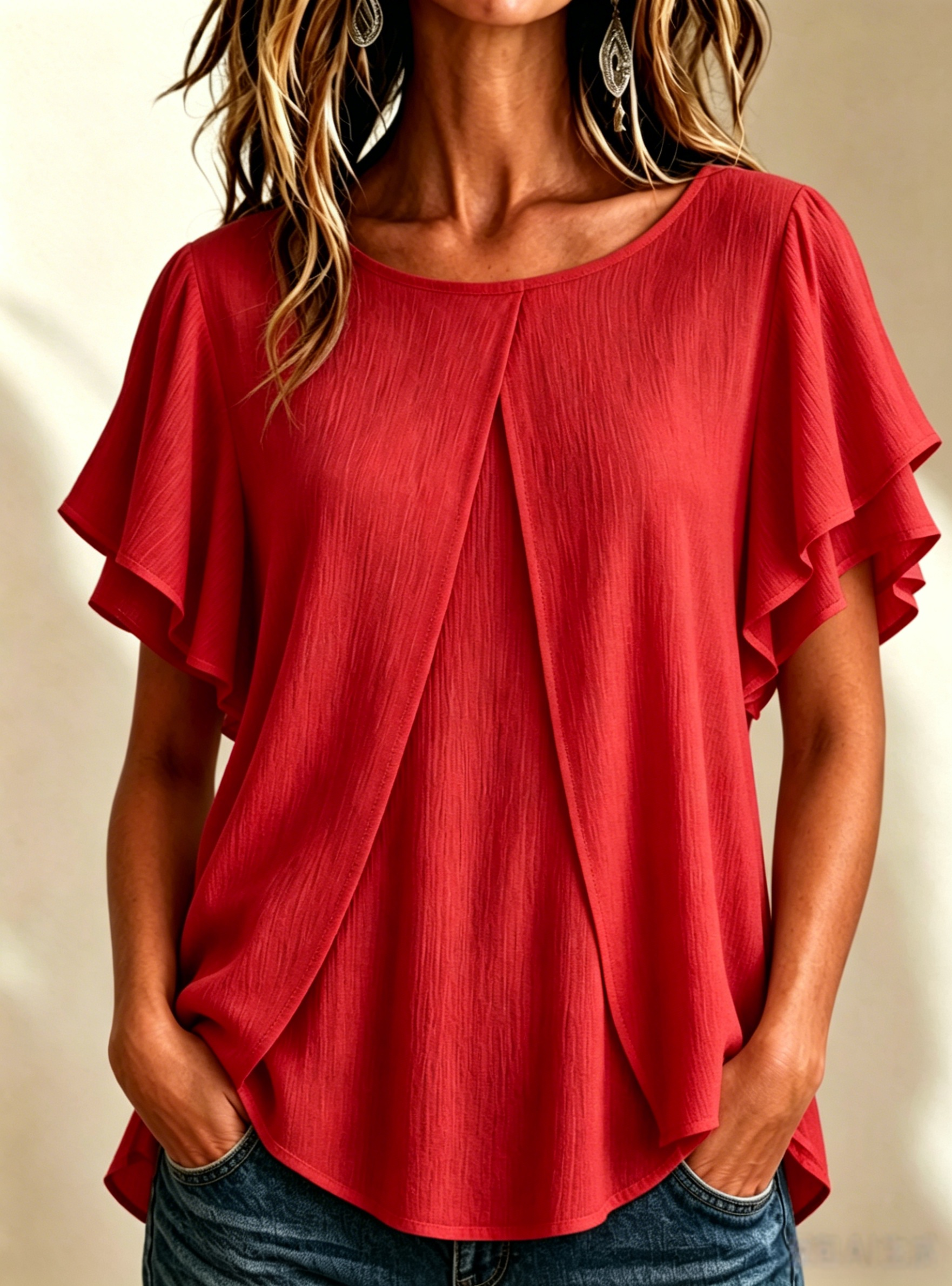 🔥CLEARANCE SALE🔥Women's Textured Pleated Double-Gauze Top with Round Neck and Flutter Sleeves