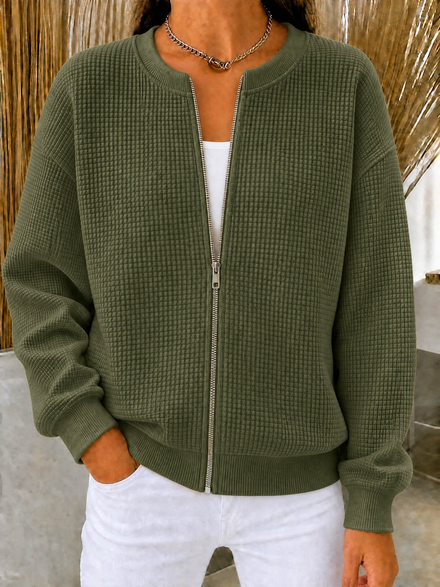 🔥CLEARANCE SALE🔥Women’s Waffle Knit Zip-Up Crewneck Jacket