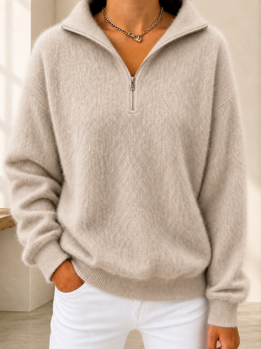CLEARANCE SALE🔥Women's Fuzzy-Texture Half-Zip Wool Sweater