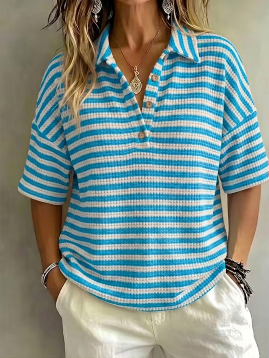 New Arrival 🔥Women'S Fashion Striped Waffle Short-Sleeved Polo Shirt