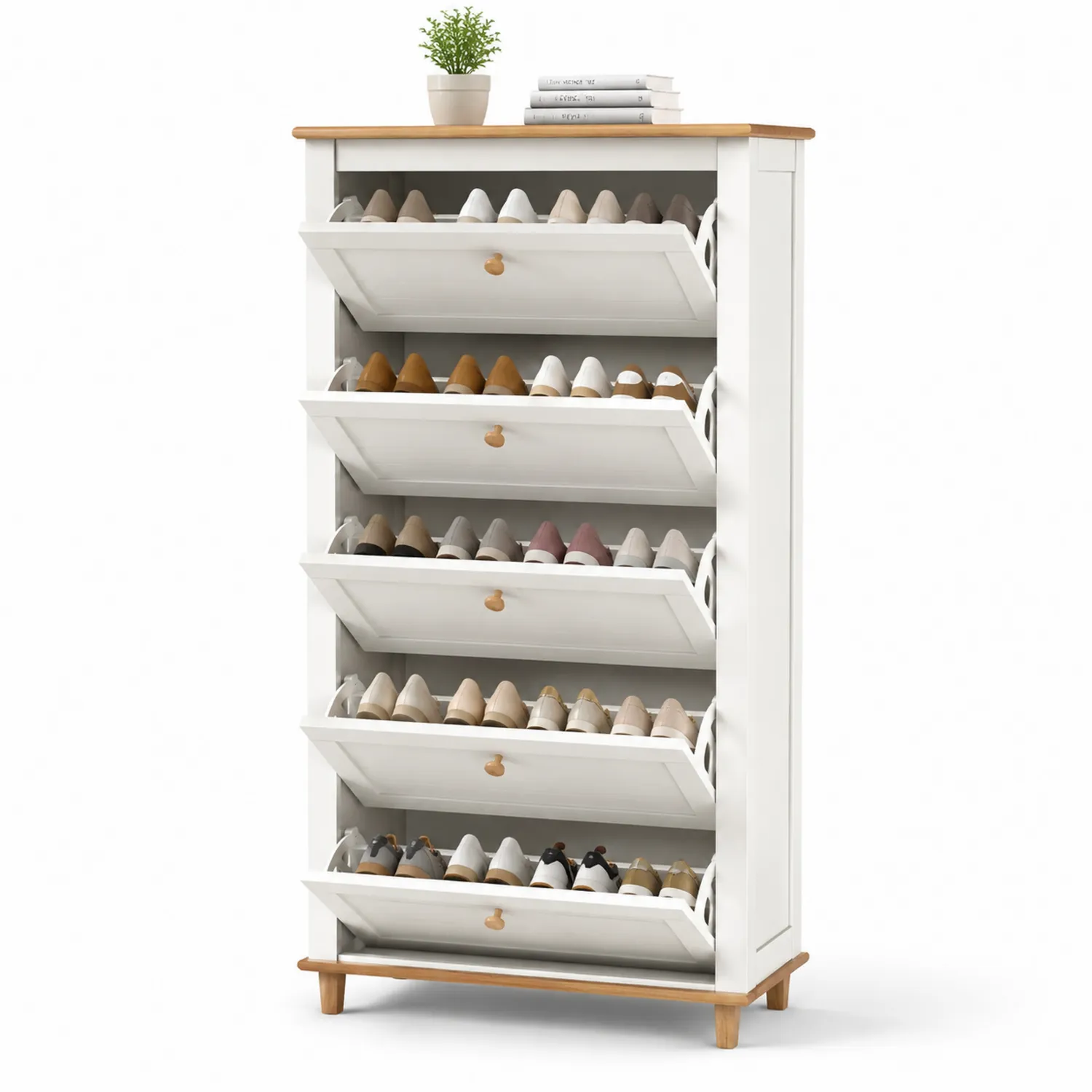 Drewniana szafka na buty 5 poziomów Biały/Naturalny