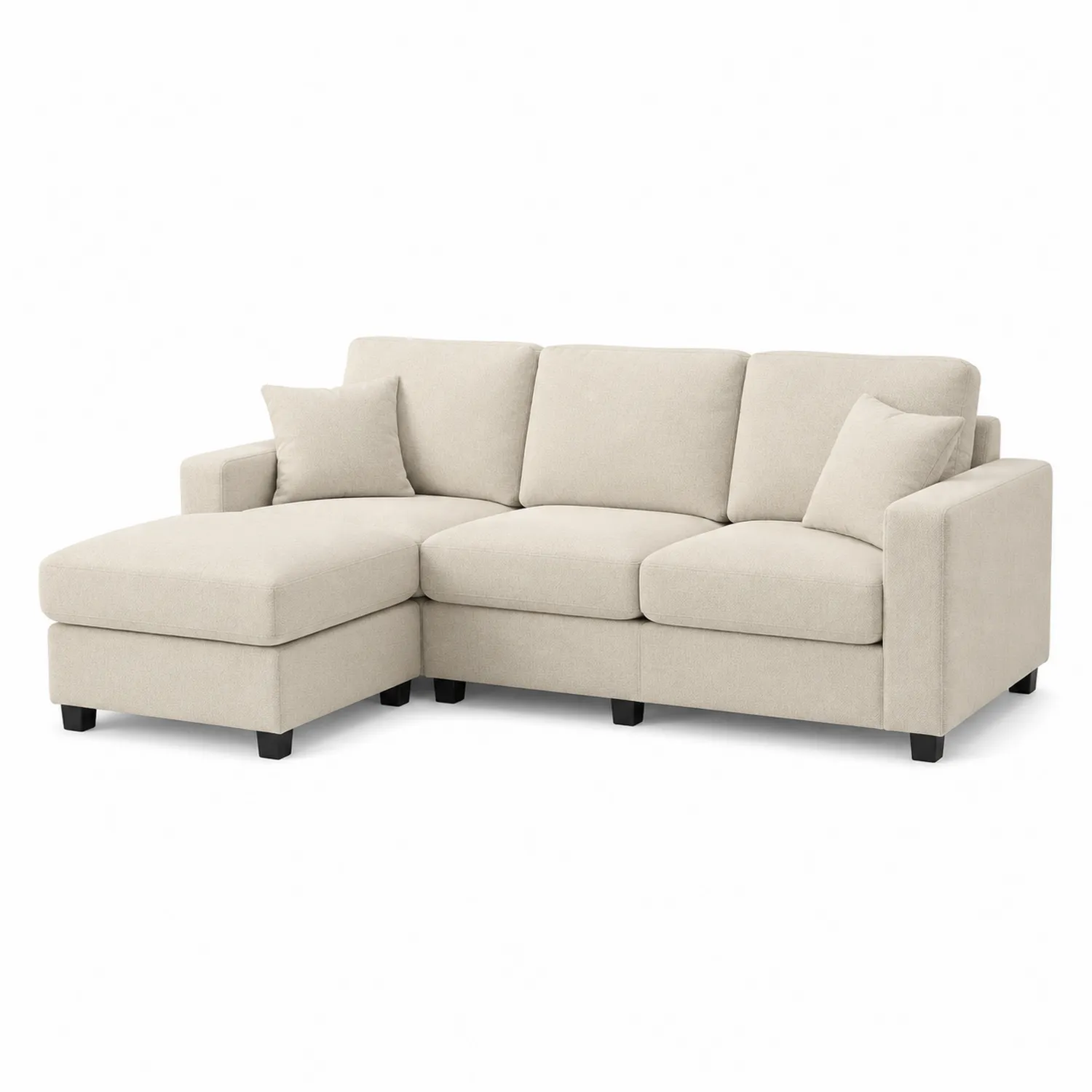 Sofa narożna tapicerowana beżowa z poduszkami