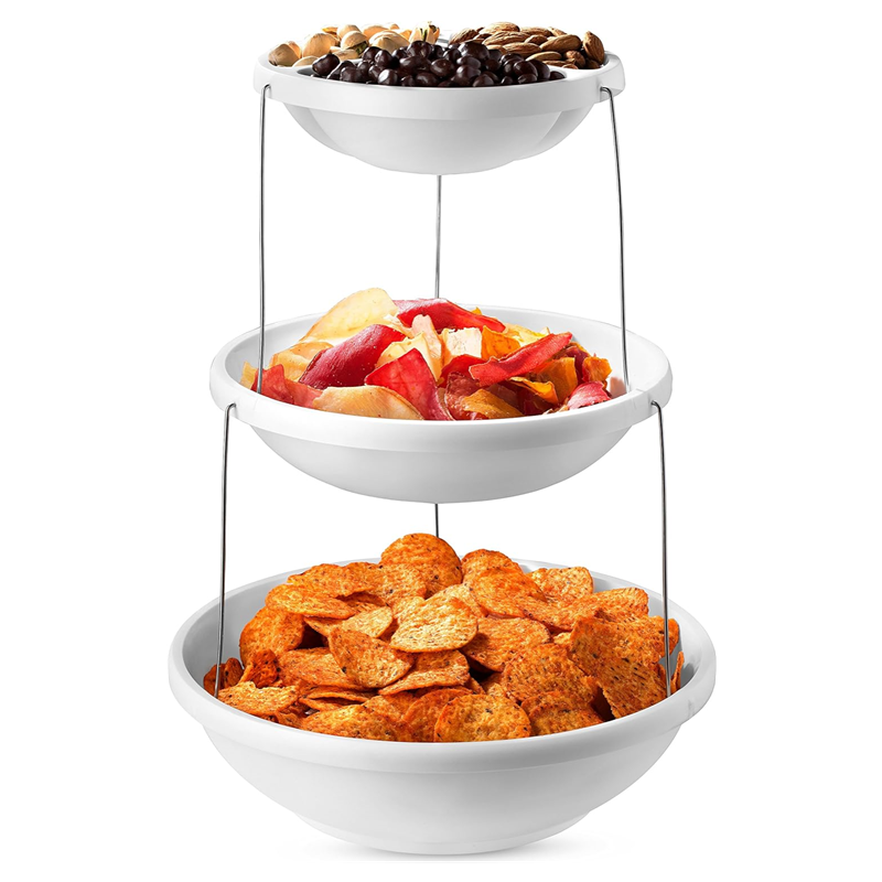 3-Tier Foldable Serving Bowl, Collapsible Snack and Fruit Tray, Space Saving Party Food Organizer for Salad, Chips, Nuts