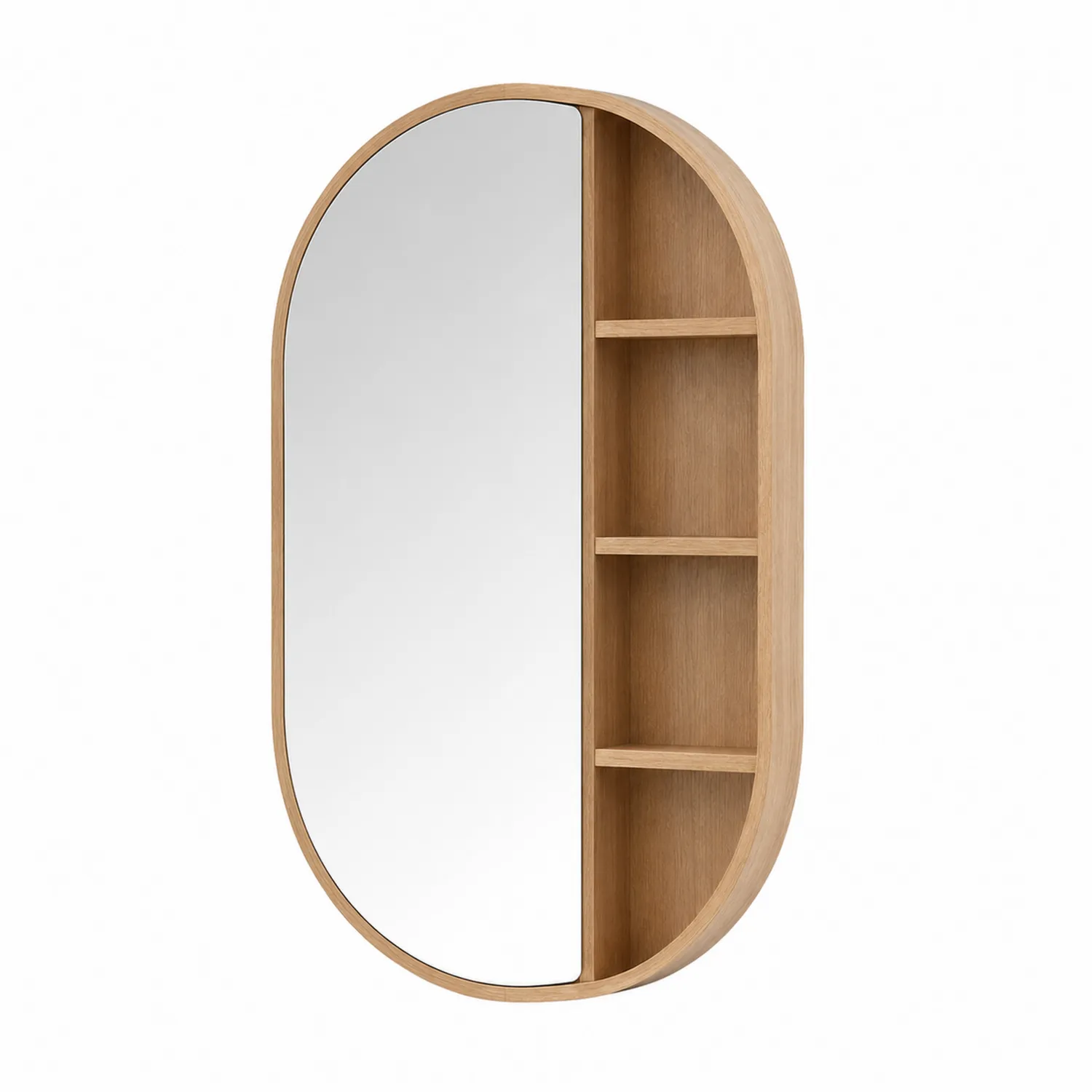Specchio ovale in vetro e scaffalature in legno di quercia