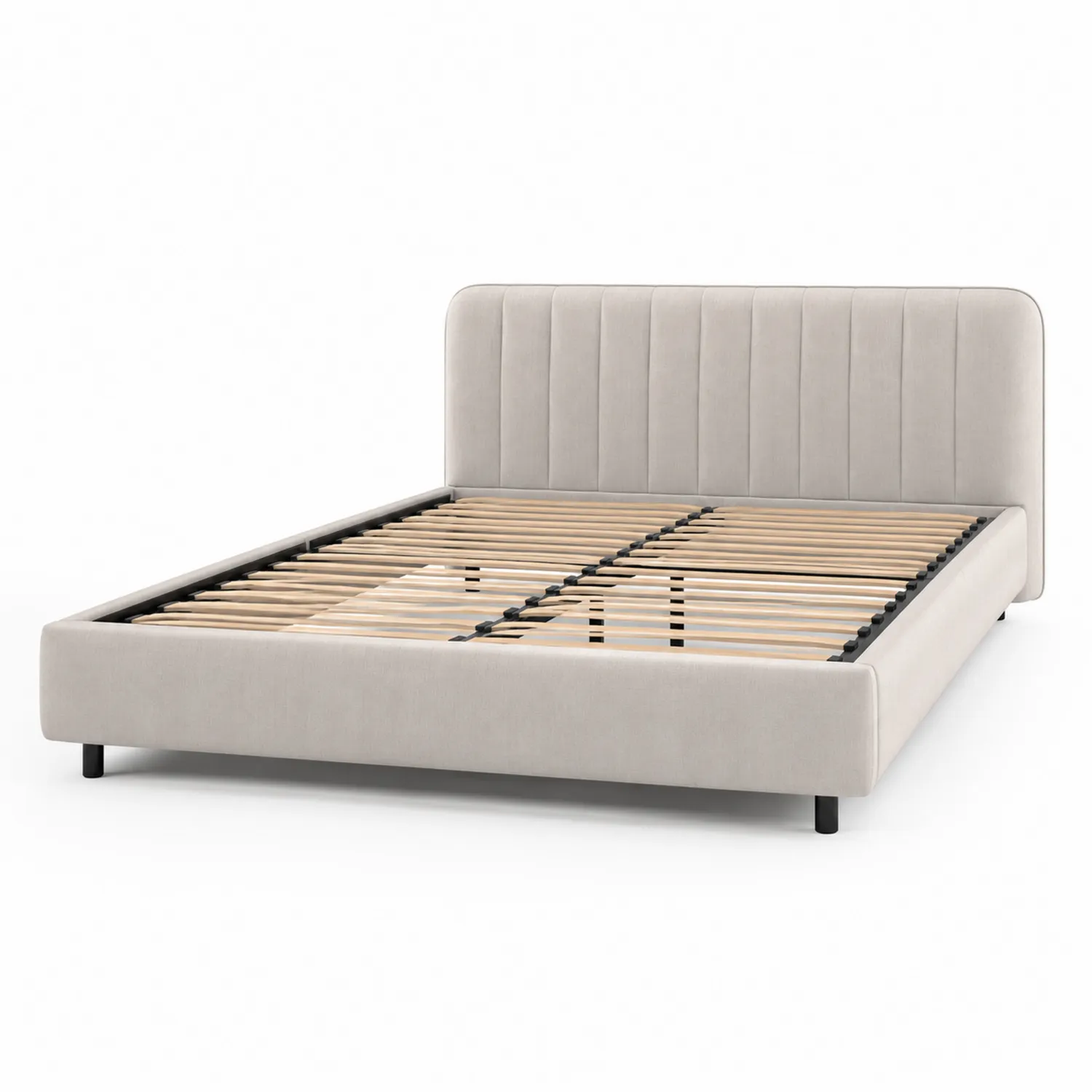 Letto matrimoniale in tessuto beige con doghe in legno