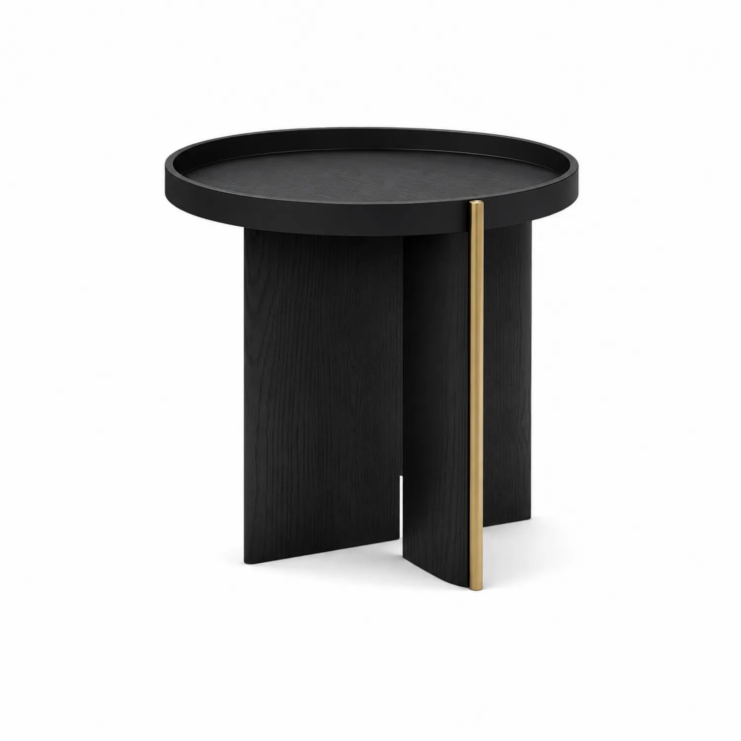 Tavolino rotondo in legno di quercia e metallo nero con dettagli in ottone Ø50x60 cm