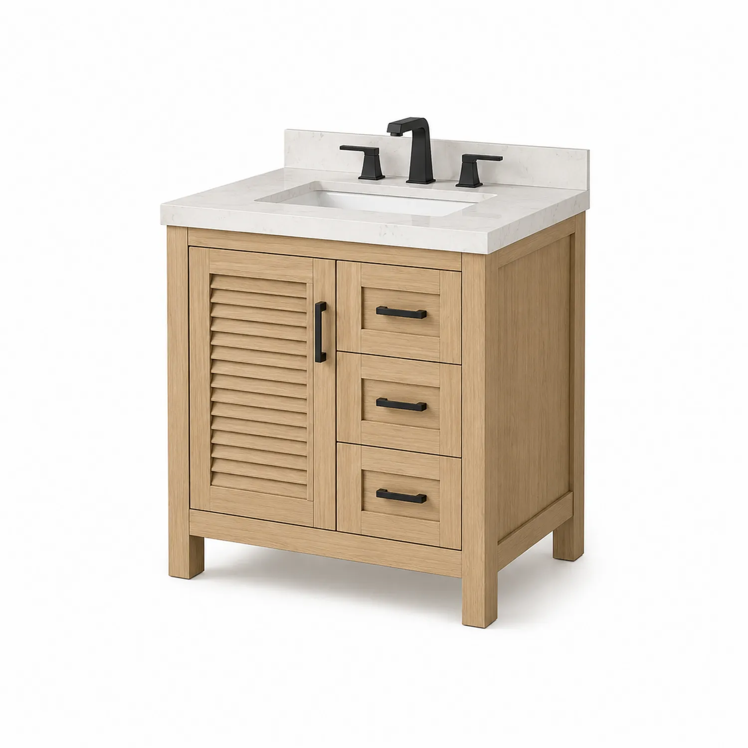 Mobile bagno in legno chiaro con lavabo in marmo e tre cassetti