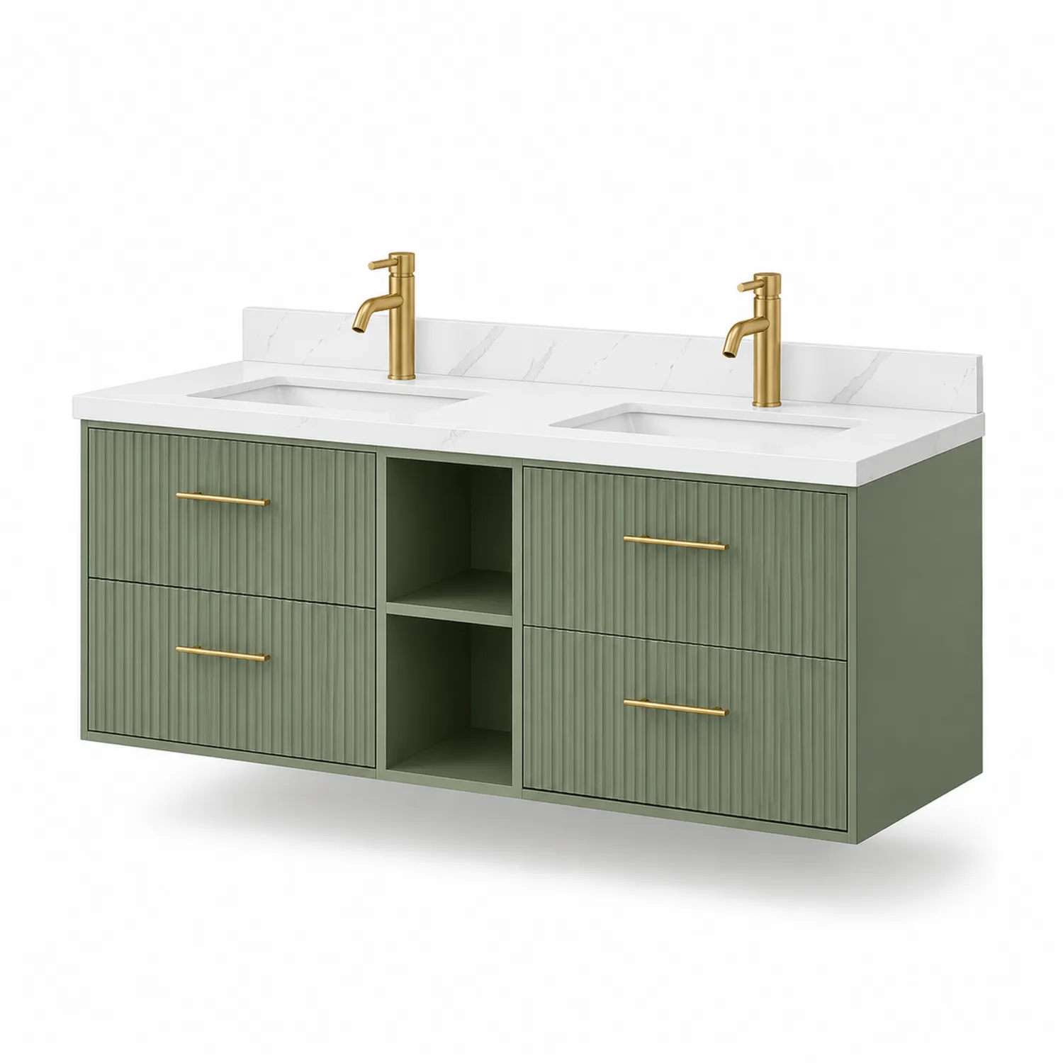 Mobile lavabo doppio in legno con top in marmo composito e maniglie dorate