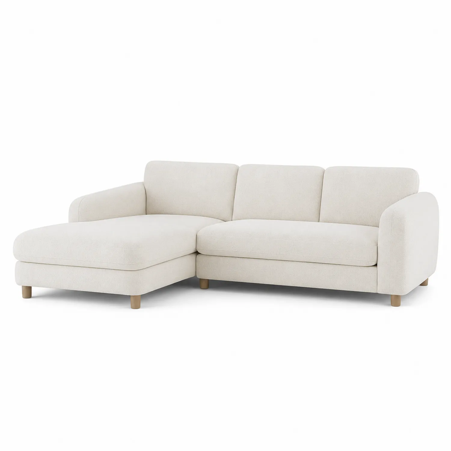 Divano angolare in tessuto poliestere colore crema con chaise longue e gambe in legno