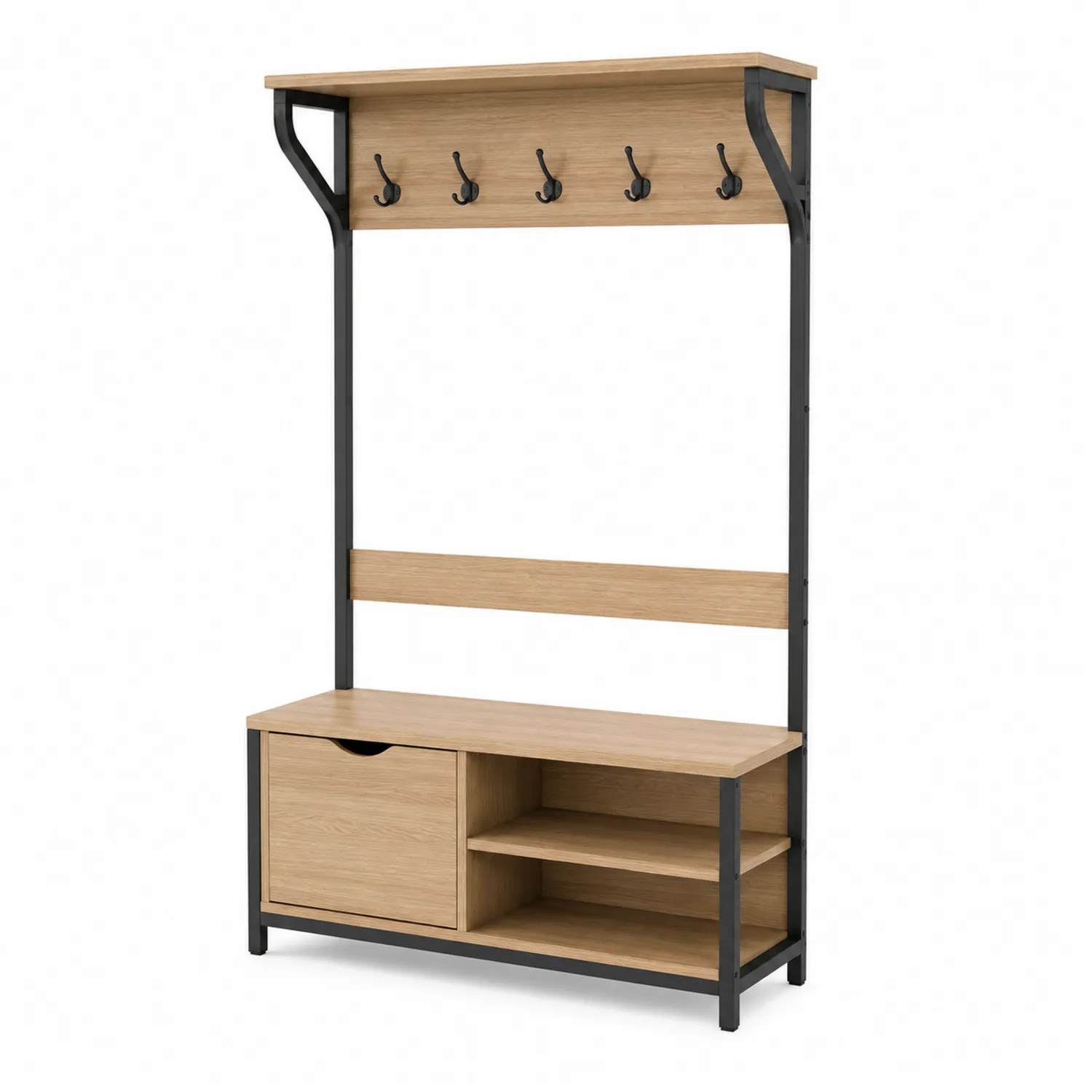 Appendiabiti con Scaffale e Panca in Legno e Metallo Nero