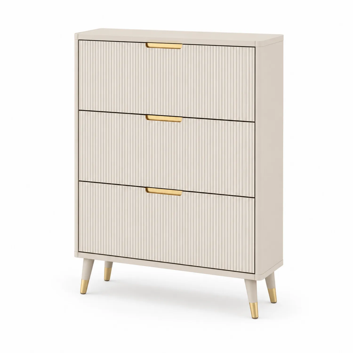 Scarpiera a 3 cassetti in legno con maniglie dorate, Beige