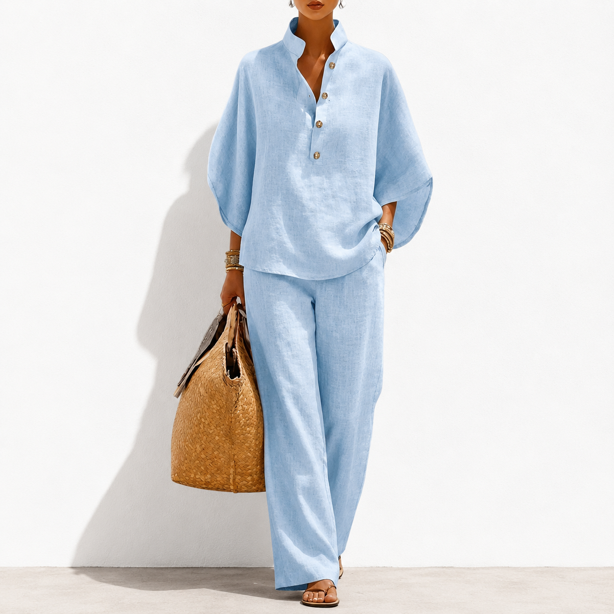 🔥Last Day OFF🔥Women's Batwing Sleeve Two-Piece Set – Casual Shirt & Wide Leg Pants Outfit