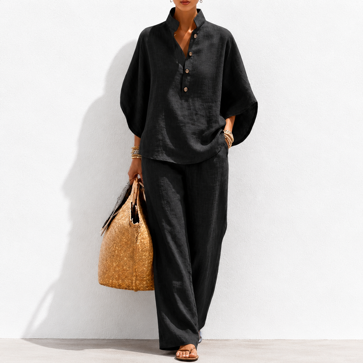 🔥Last Day OFF🔥Women's Batwing Sleeve Two-Piece Set – Casual Shirt & Wide Leg Pants Outfit