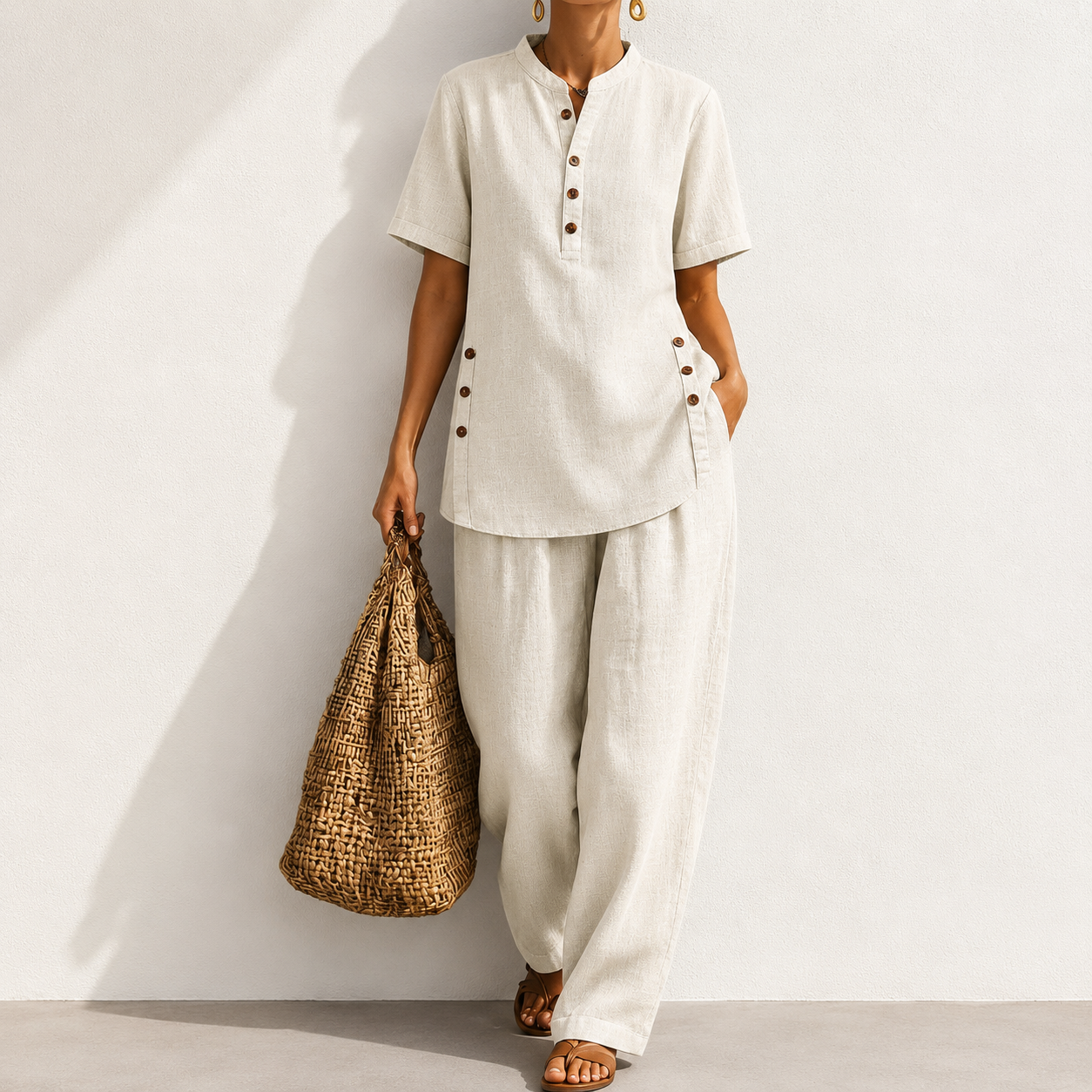 Cozy Casual Button Shirt And Wide-leg Pants Linen Two-piece Set