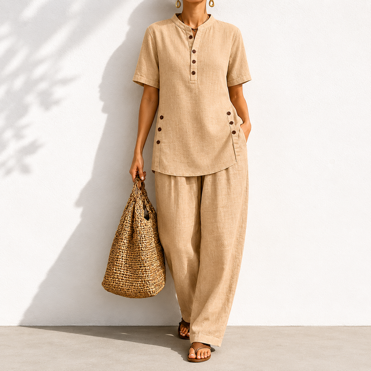 Cozy Casual Button Shirt And Wide-leg Pants Linen Two-piece Set