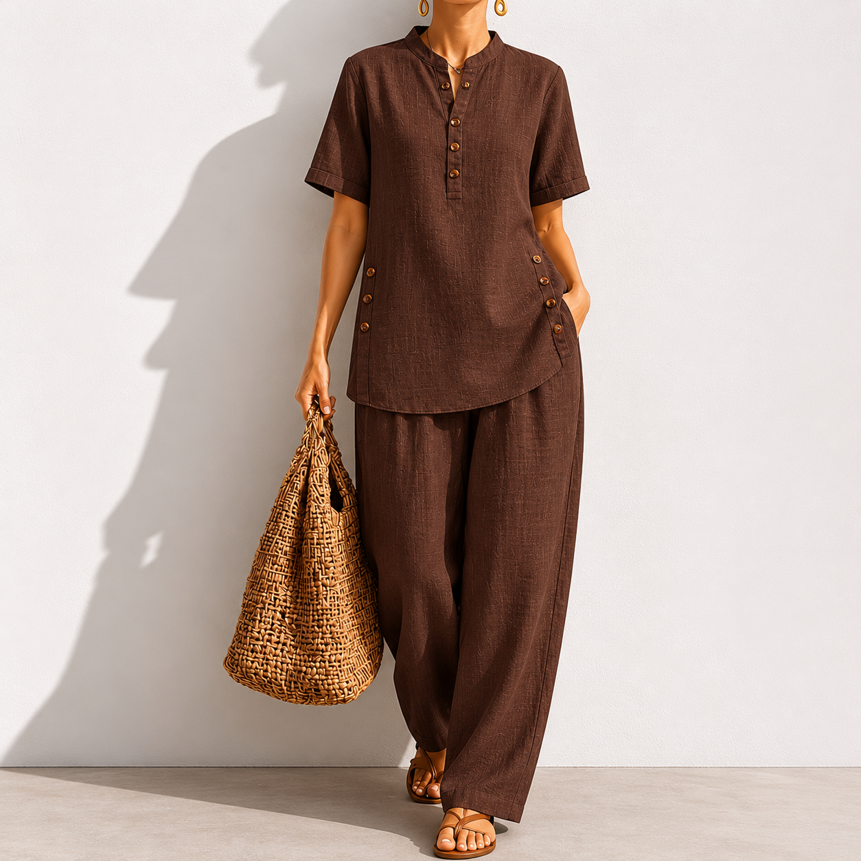 Cozy Casual Button Shirt And Wide-leg Pants Linen Two-piece Set