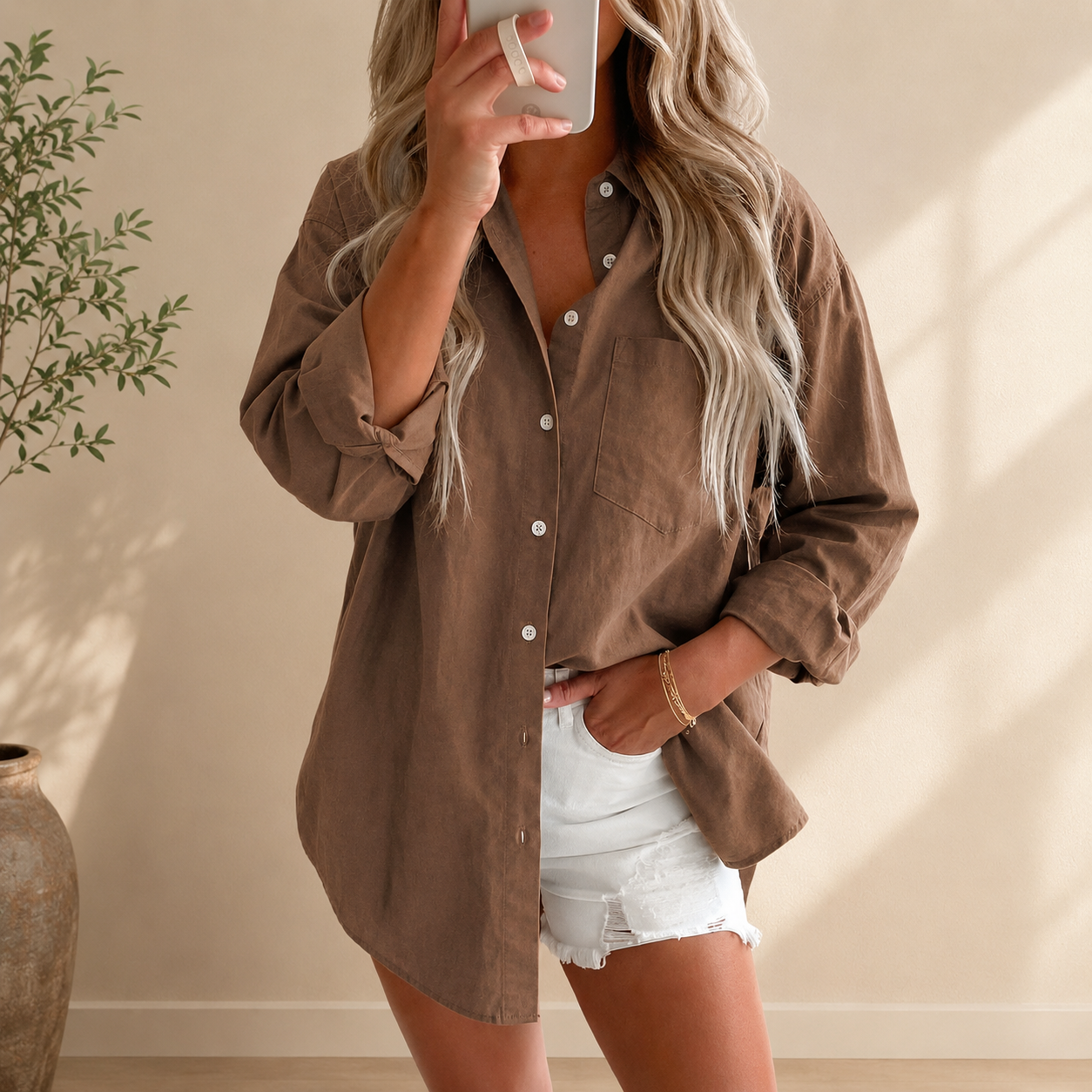 Astylish Women Denim Shirts Button Down Blouse V Neck Casual Tops