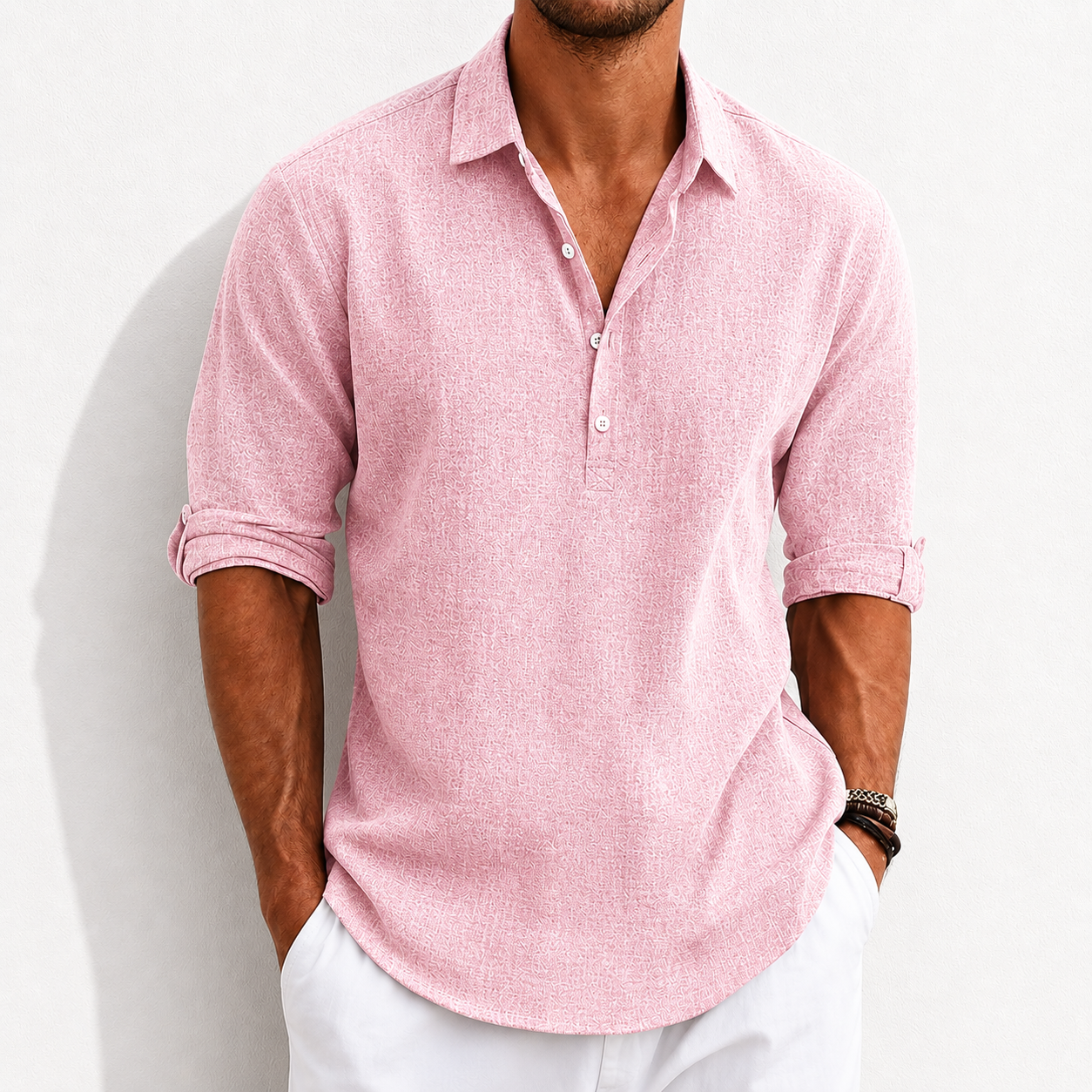 Men's Breathable Linen Henley Shirt –3/4 Sleeves Polo Shirt- Casual Roll-Up Sleeve Summer Essential