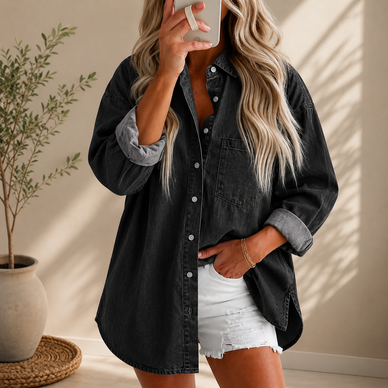 Astylish Women Denim Shirts Button Down Blouse V Neck Casual Tops