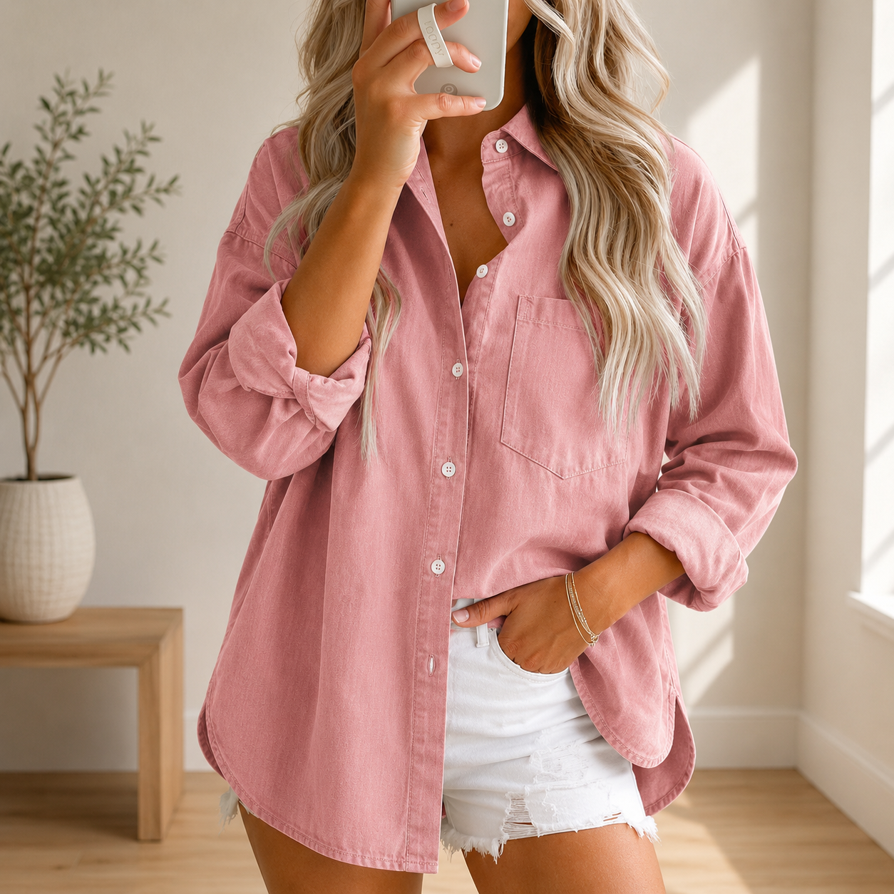 Astylish Women Denim Shirts Button Down Blouse V Neck Casual Tops