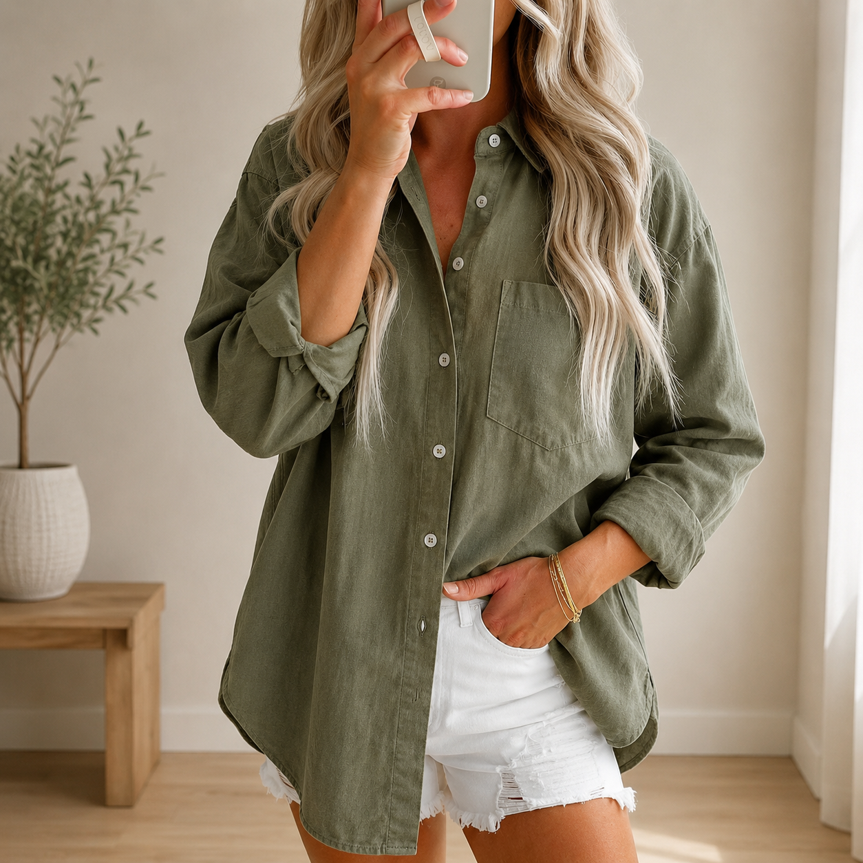 Astylish Women Denim Shirts Button Down Blouse V Neck Casual Tops
