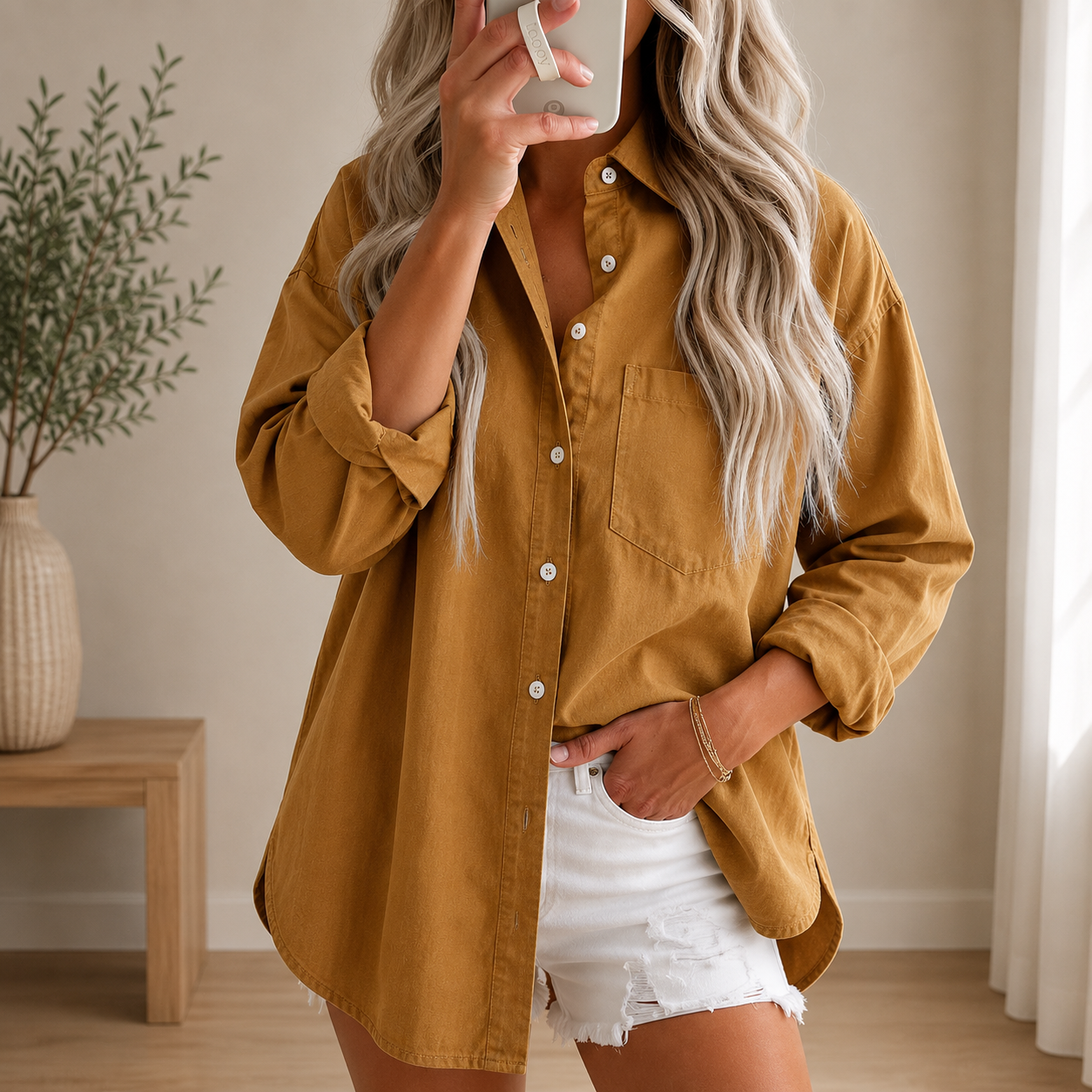 Astylish Women Denim Shirts Button Down Blouse V Neck Casual Tops