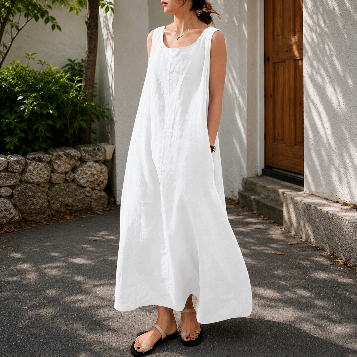 chouyatou Women's Summer Casual Sleeveless Cotton Sun Dress Maxi Tunic Tank Beach Dress with Pocket