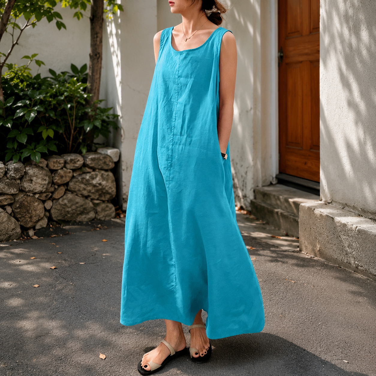chouyatou Women's Summer Casual Sleeveless Cotton Sun Dress Maxi Tunic Tank Beach Dress with Pocket