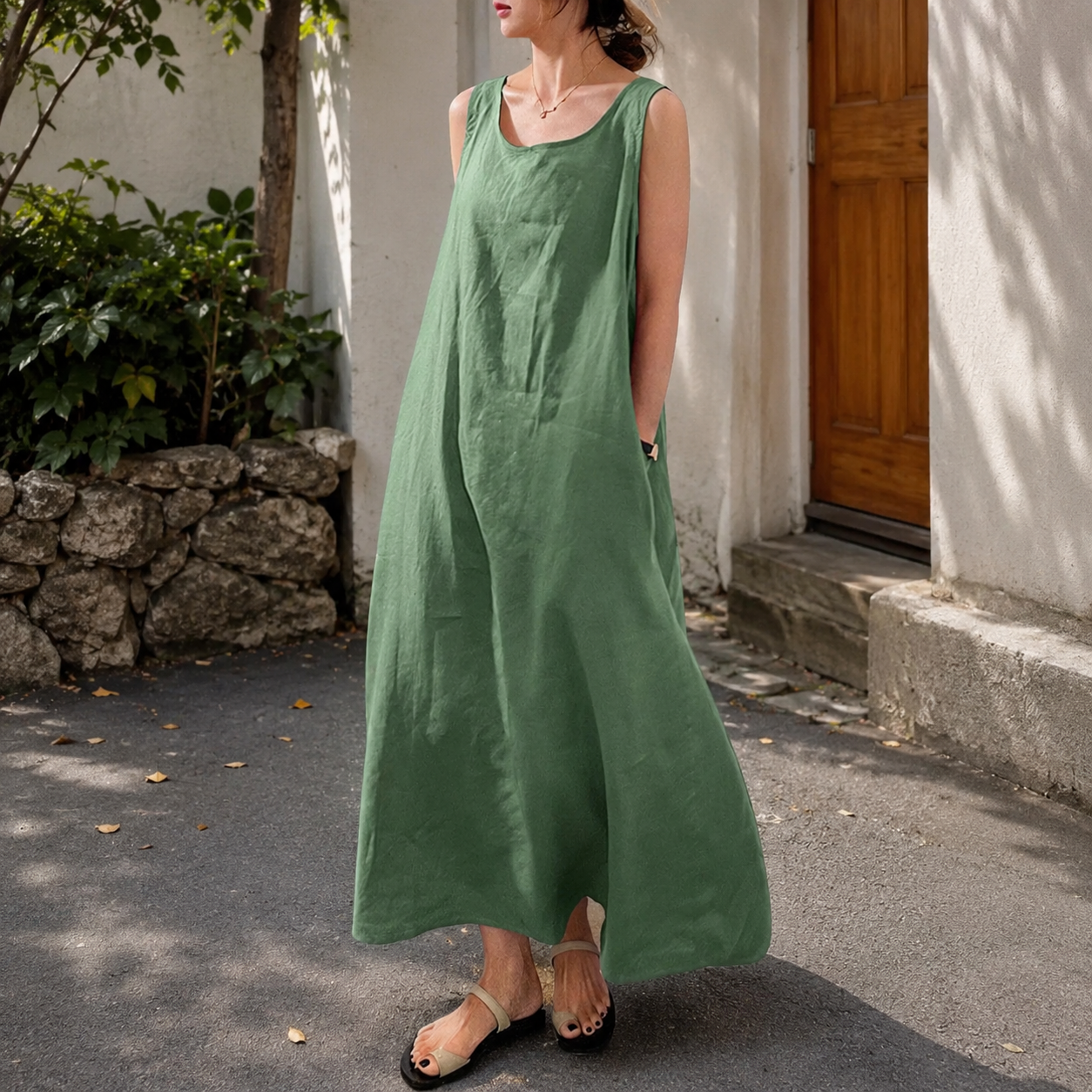 chouyatou Women's Summer Casual Sleeveless Cotton Sun Dress Maxi Tunic Tank Beach Dress with Pocket
