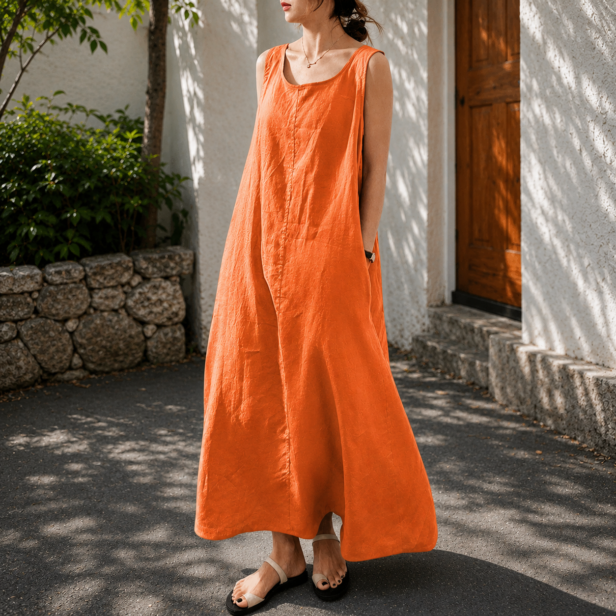 chouyatou Women's Summer Casual Sleeveless Cotton Sun Dress Maxi Tunic Tank Beach Dress with Pocket