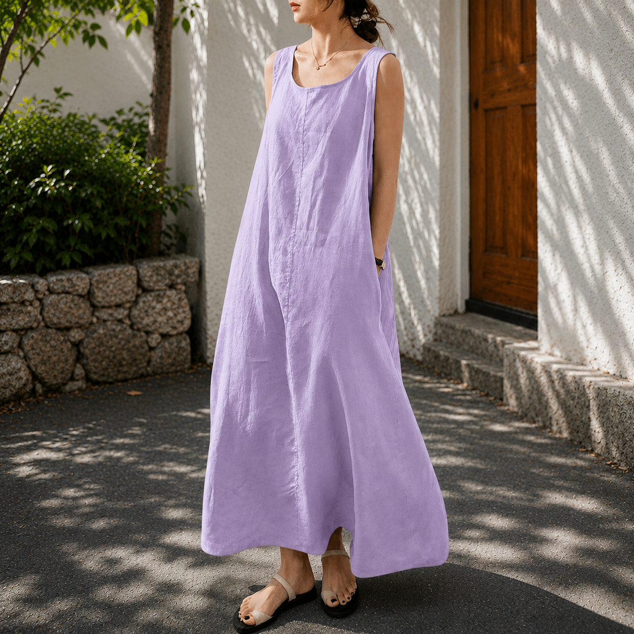 chouyatou Women's Summer Casual Sleeveless Cotton Sun Dress Maxi Tunic Tank Beach Dress with Pocket