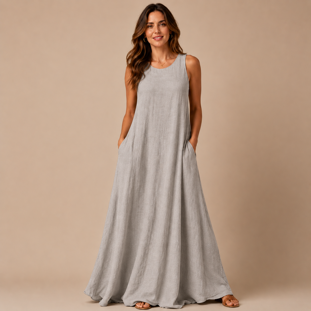 Women's Sleeveless Linen Maxi Dress Casual Long Dresses with Pockets