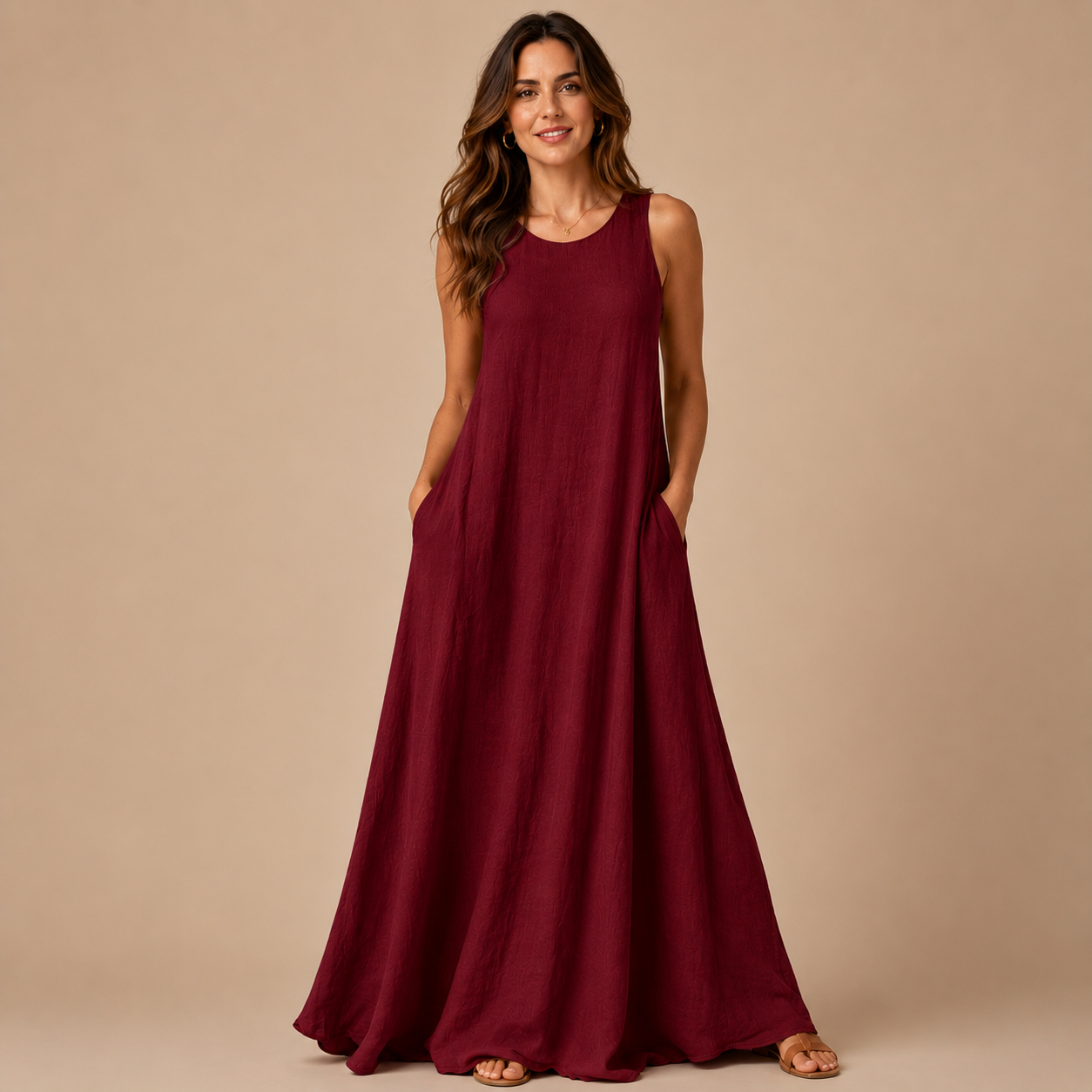Women's Sleeveless Linen Maxi Dress Casual Long Dresses with Pockets