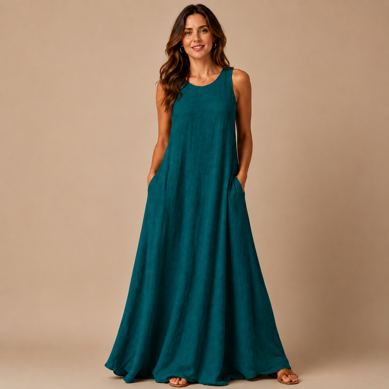 Women's Sleeveless Linen Maxi Dress Casual Long Dresses with Pockets