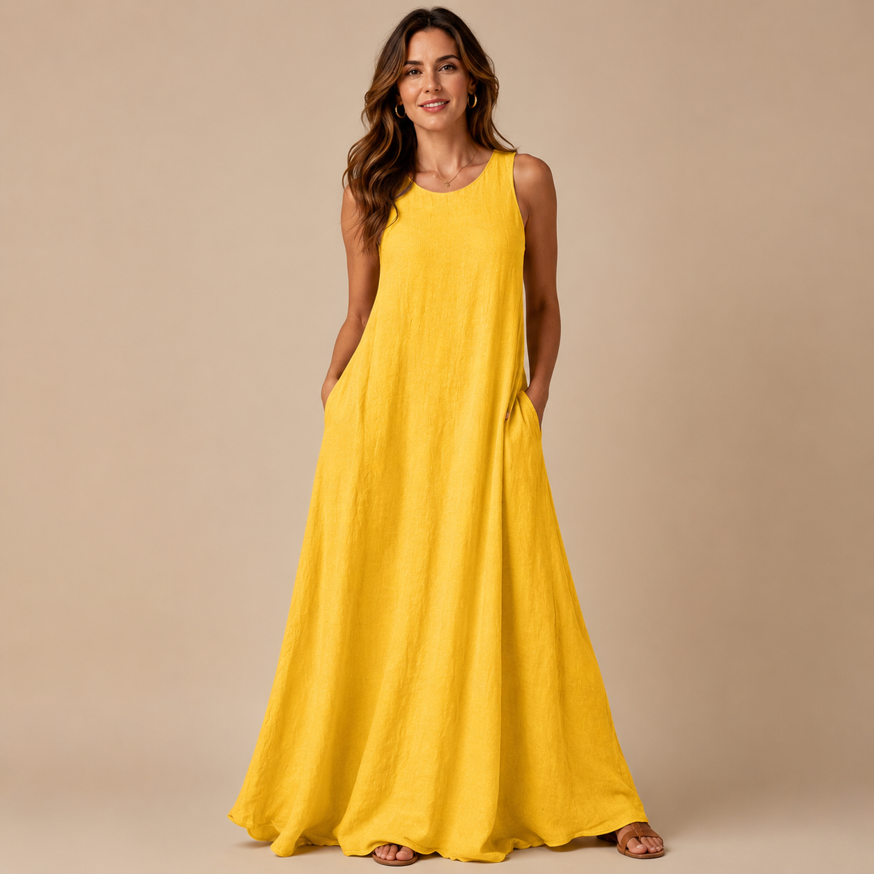 Women's Sleeveless Linen Maxi Dress Casual Long Dresses with Pockets