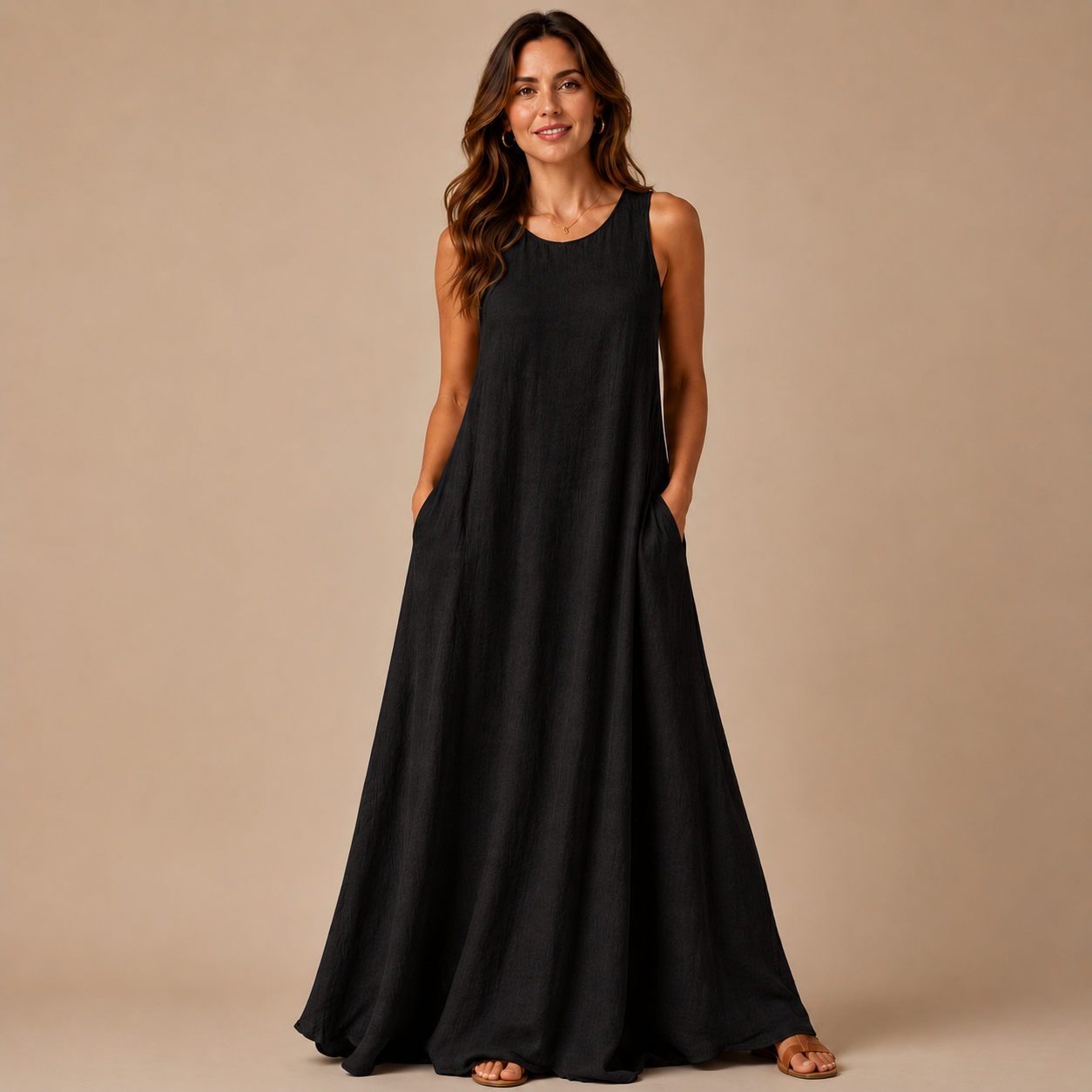 Women's Sleeveless Linen Maxi Dress Casual Long Dresses with Pockets