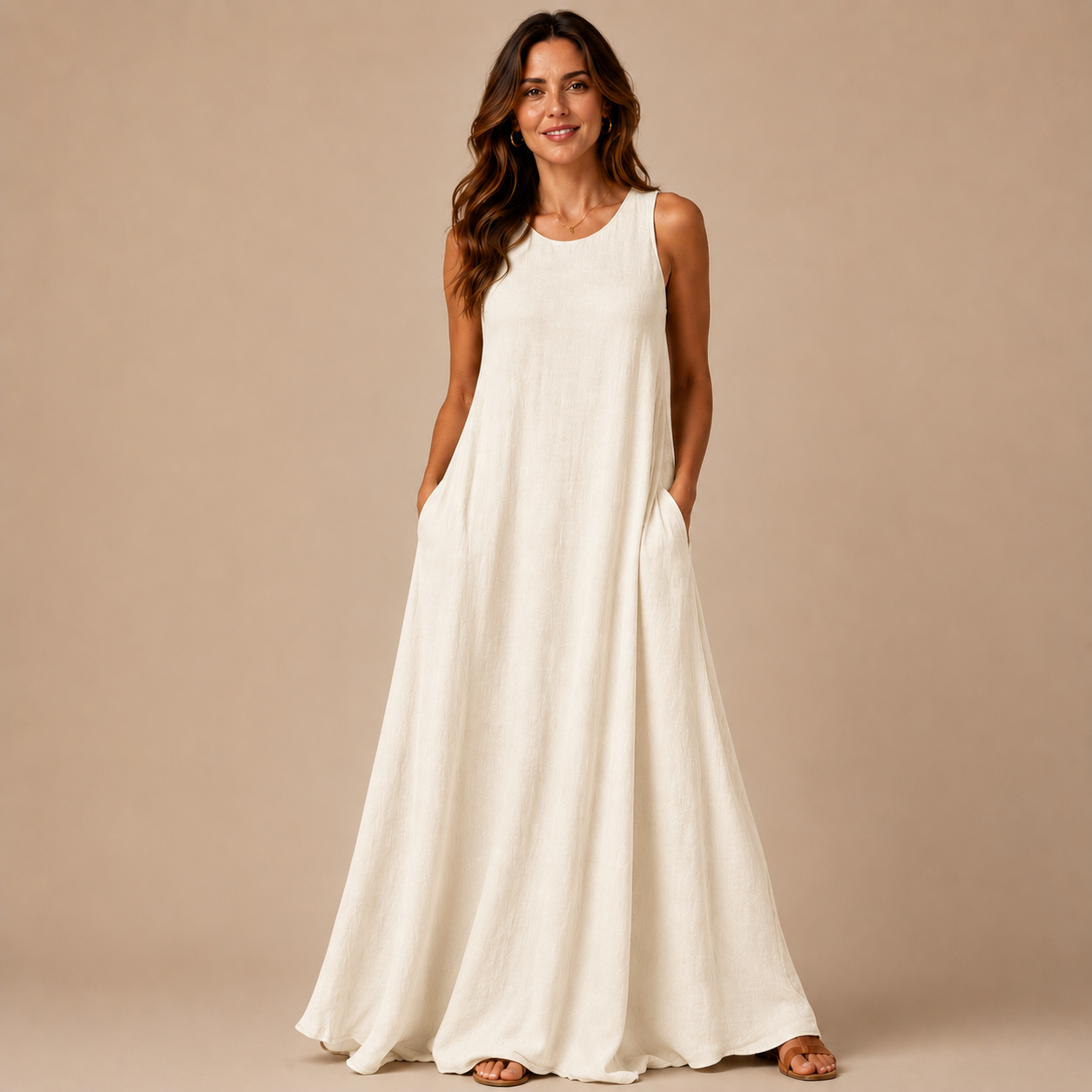 Women's Sleeveless Linen Maxi Dress Casual Long Dresses with Pockets