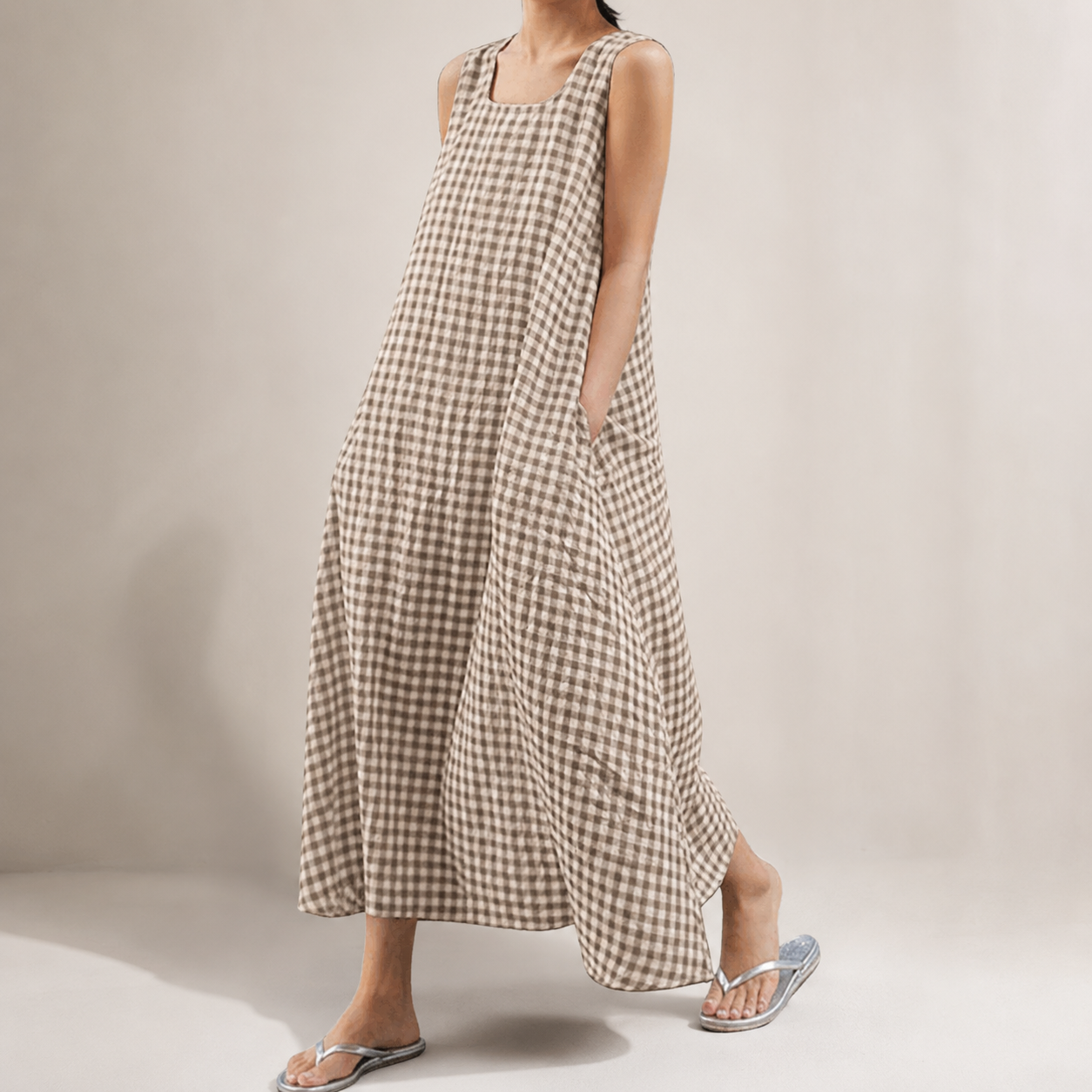 Women's Summer Casual Loose-Fit Cotton Plaid Tank Maxi Dress with Pockets Boho Beach Sundress