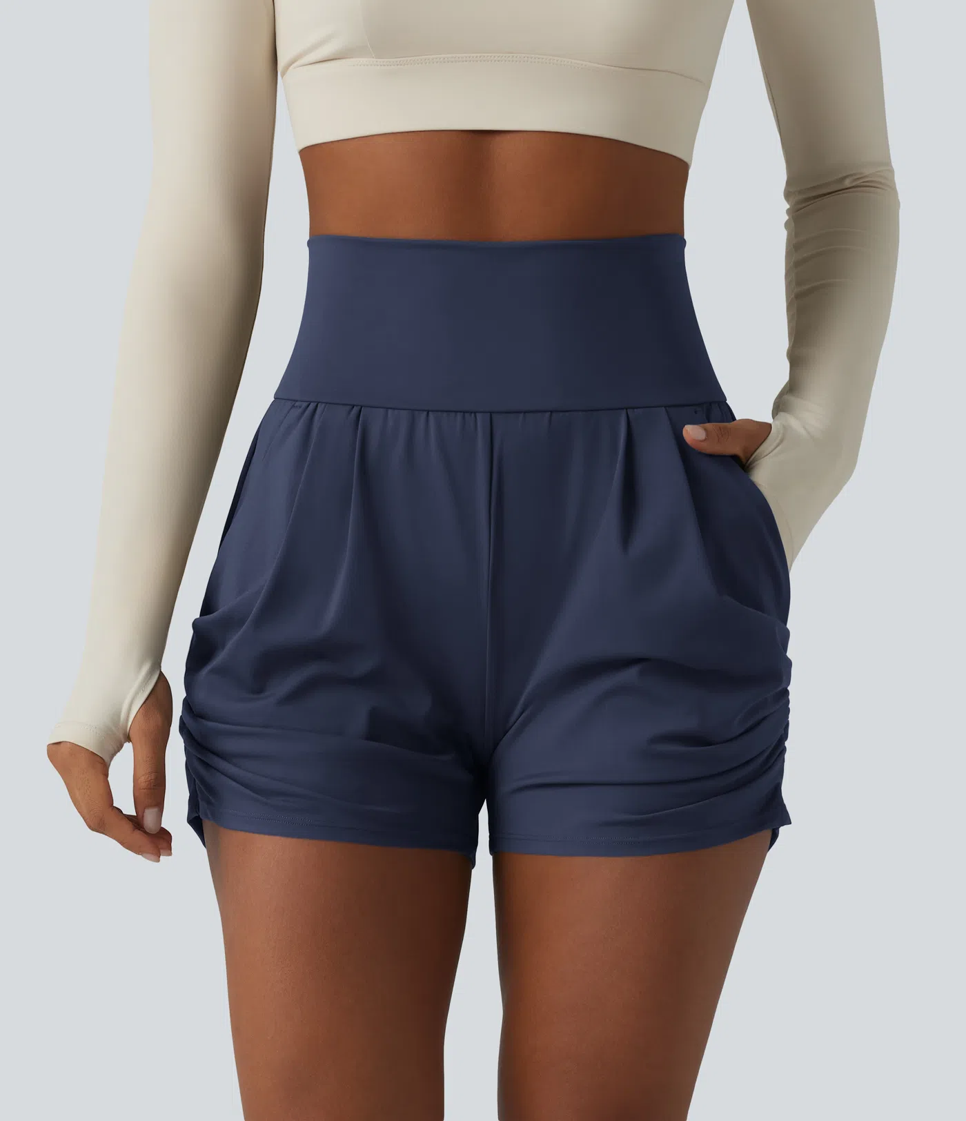 Airy High Waisted Ruched Cool Touch Yoga Shorts 3'' with Pockets